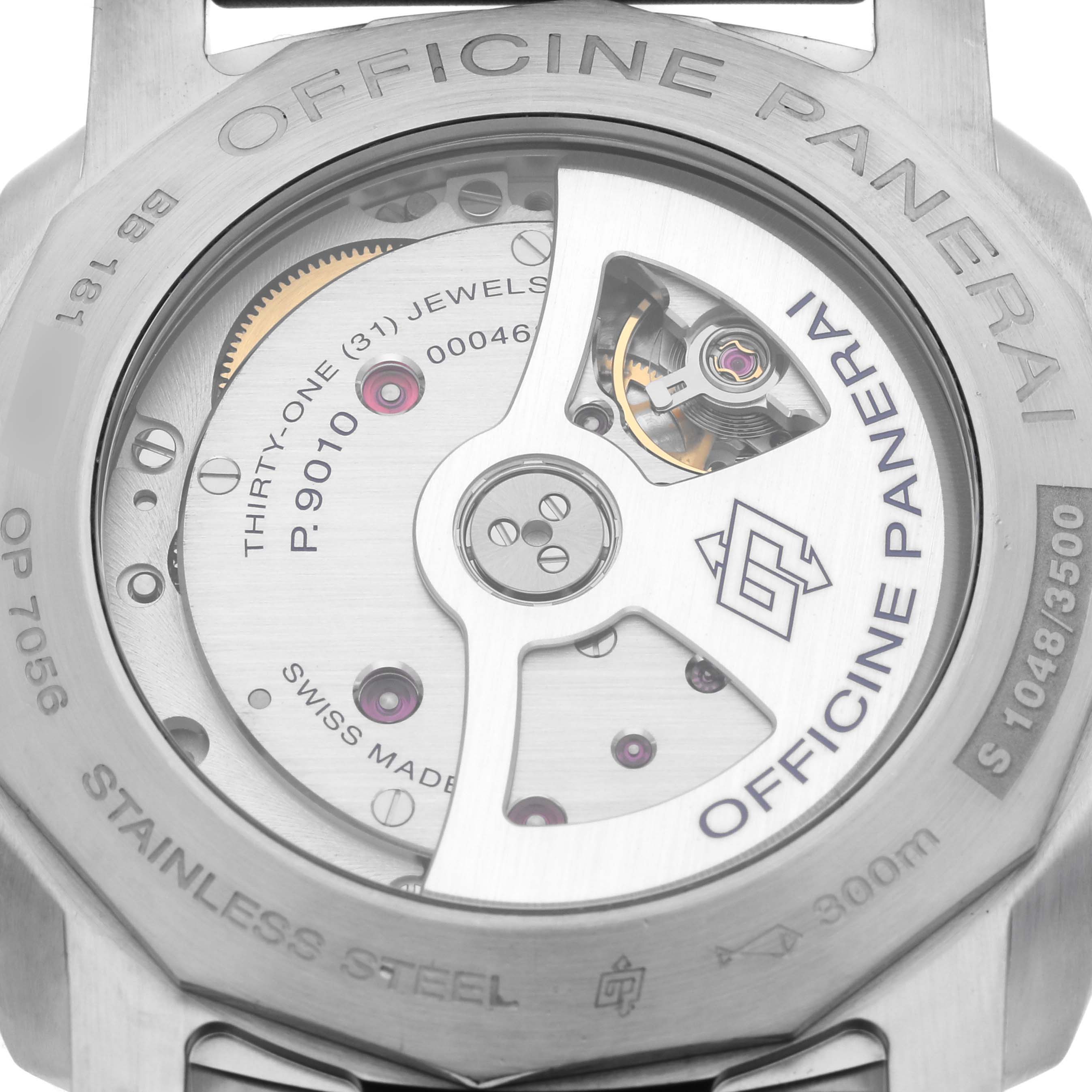 The image shows the back of a Panerai Luminor PAM01312 Men's Stainless Steel Black Dial PAM01312 Men's Stainless Steel Black Dial watch, highlighting the P.9010 movement and its intricate components.