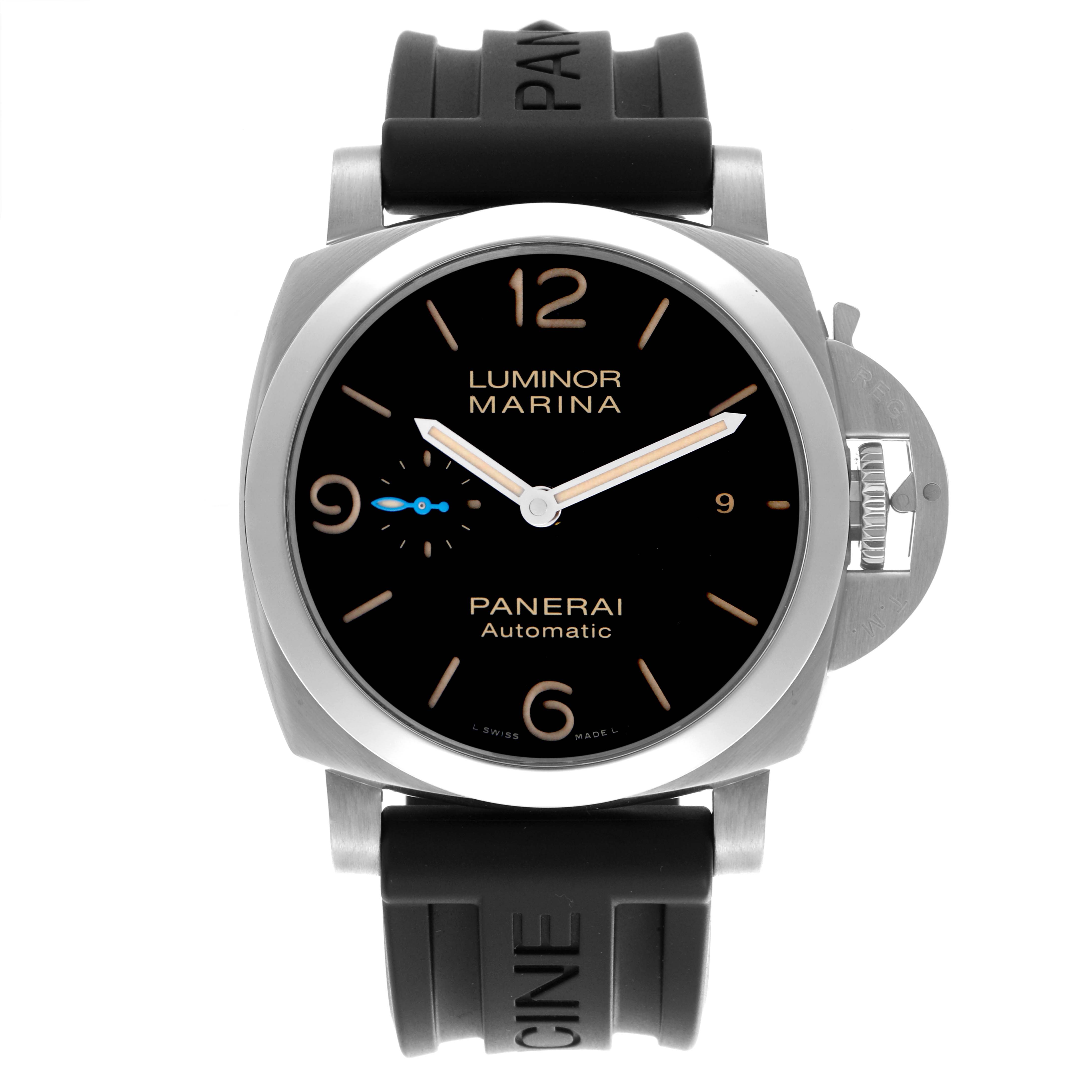 The Panerai Luminor PAM01312 Men's Stainless Steel Black Dial PAM01312 Men's Stainless Steel Black Dial watch is shown from the front, displaying its dial, hands, crown guard, and rubber strap.