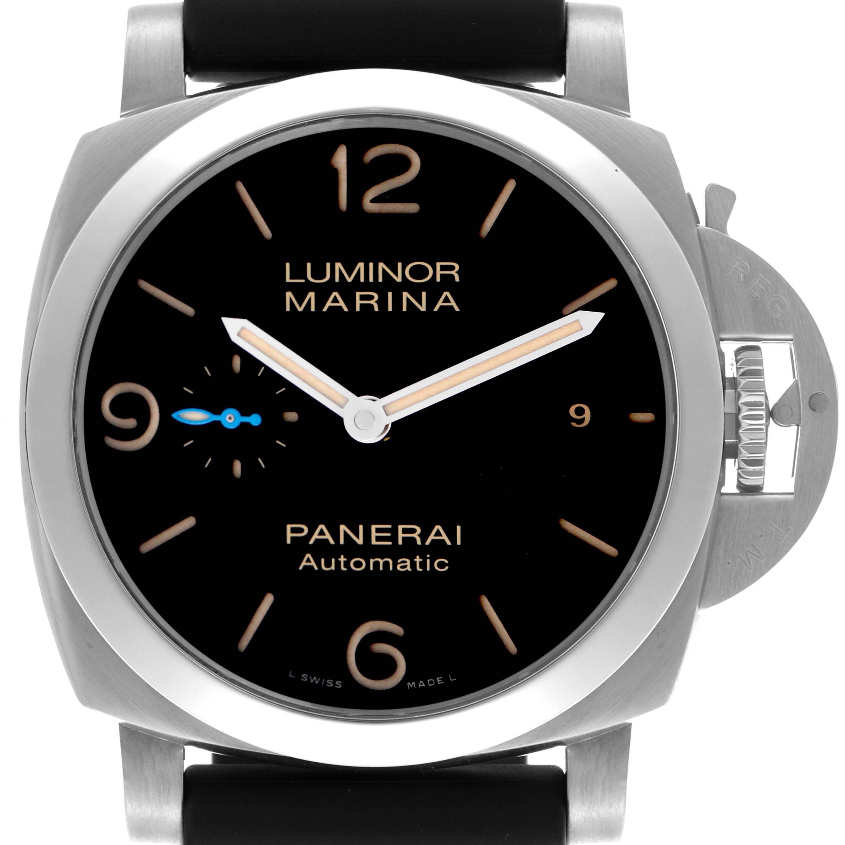 The image shows a front view of a Panerai Luminor PAM01312 Men's Stainless Steel Black Dial PAM01312 Men's Stainless Steel Black Dial watch, highlighting the dial, hands, and crown guard.