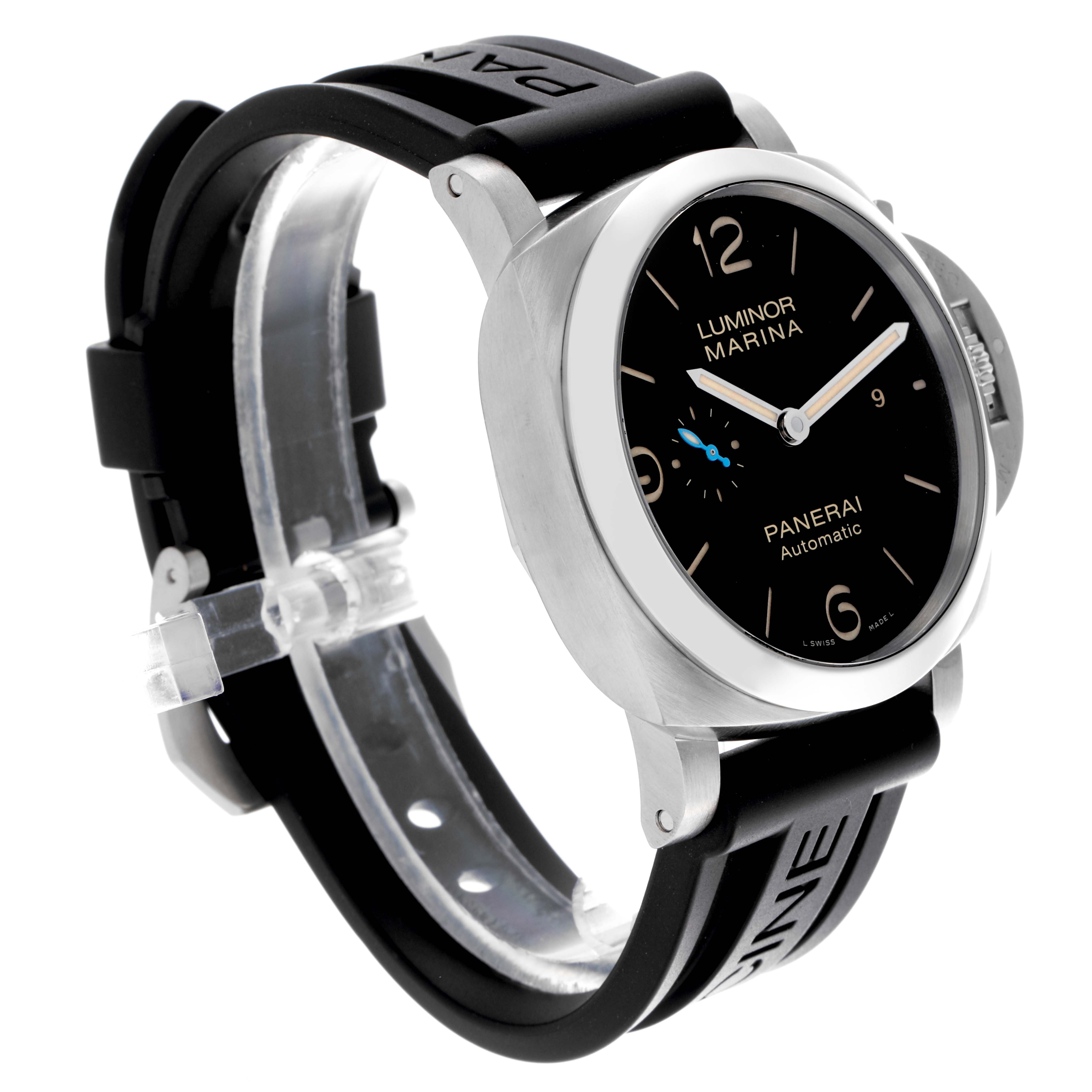 The Panerai Luminor PAM01312 Men's Stainless Steel Black Dial PAM01312 Men's Stainless Steel Black Dial watch is shown at a slight angle, displaying the face, bezel, crown guard, and strap.