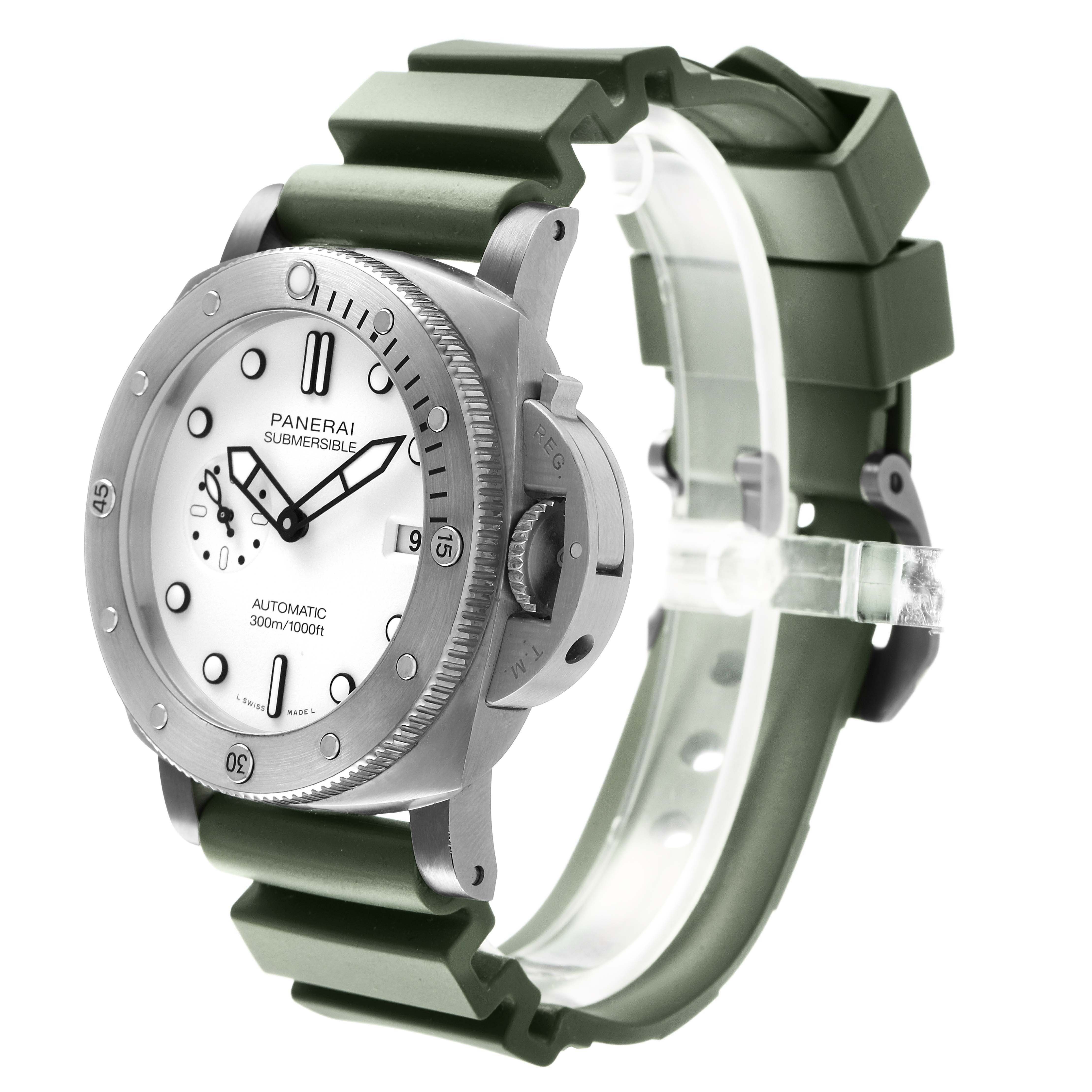 The Panerai Submersible PAM01226 Men's Stainless Steel White Dial watch is shown at a three-quarter angle, highlighting the dial, bezel, crown, and green strap.