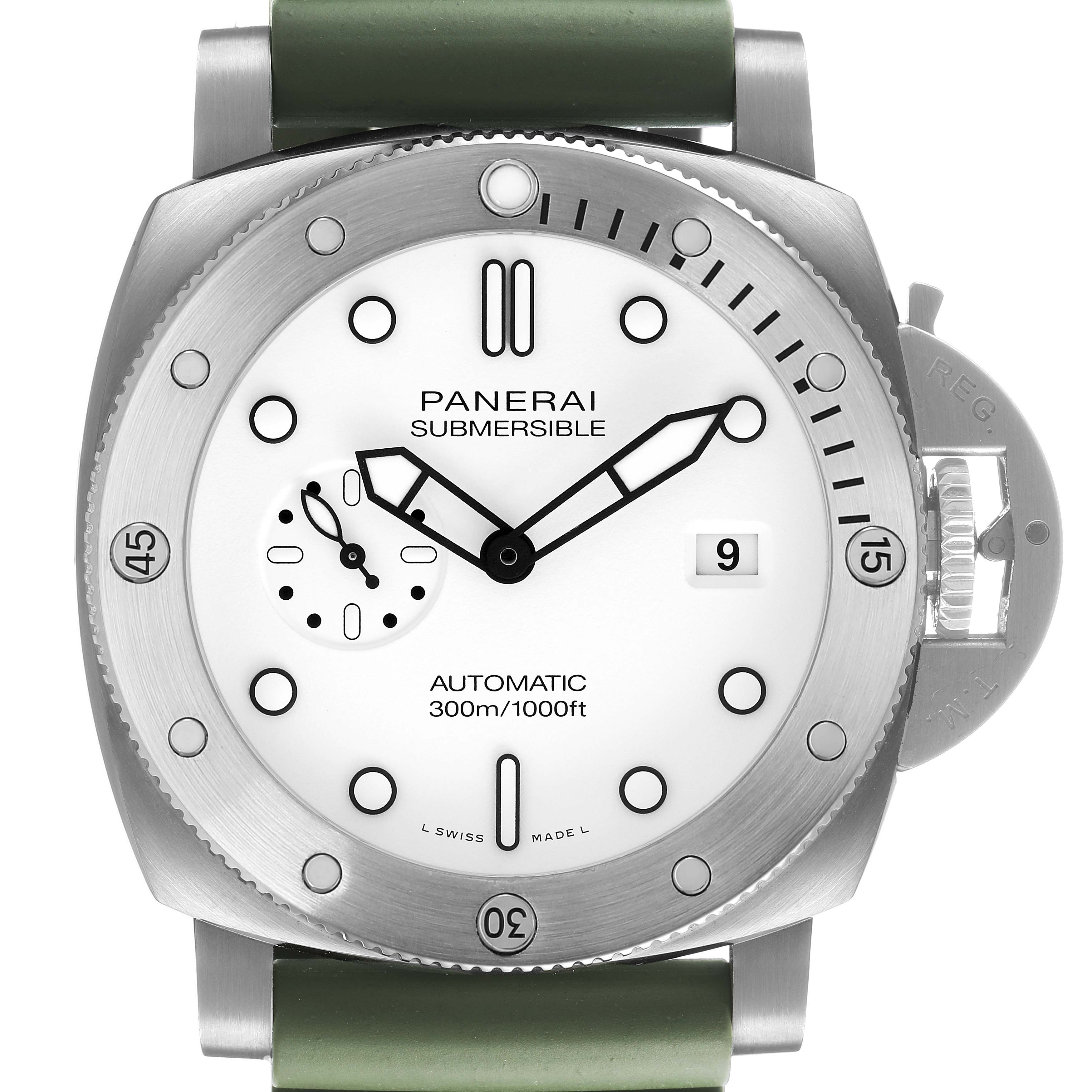 The Panerai Submersible PAM01226 Men's Stainless Steel White Dial is shown from the front, displaying the dial, hands, bezel, crown guard, and a green strap.