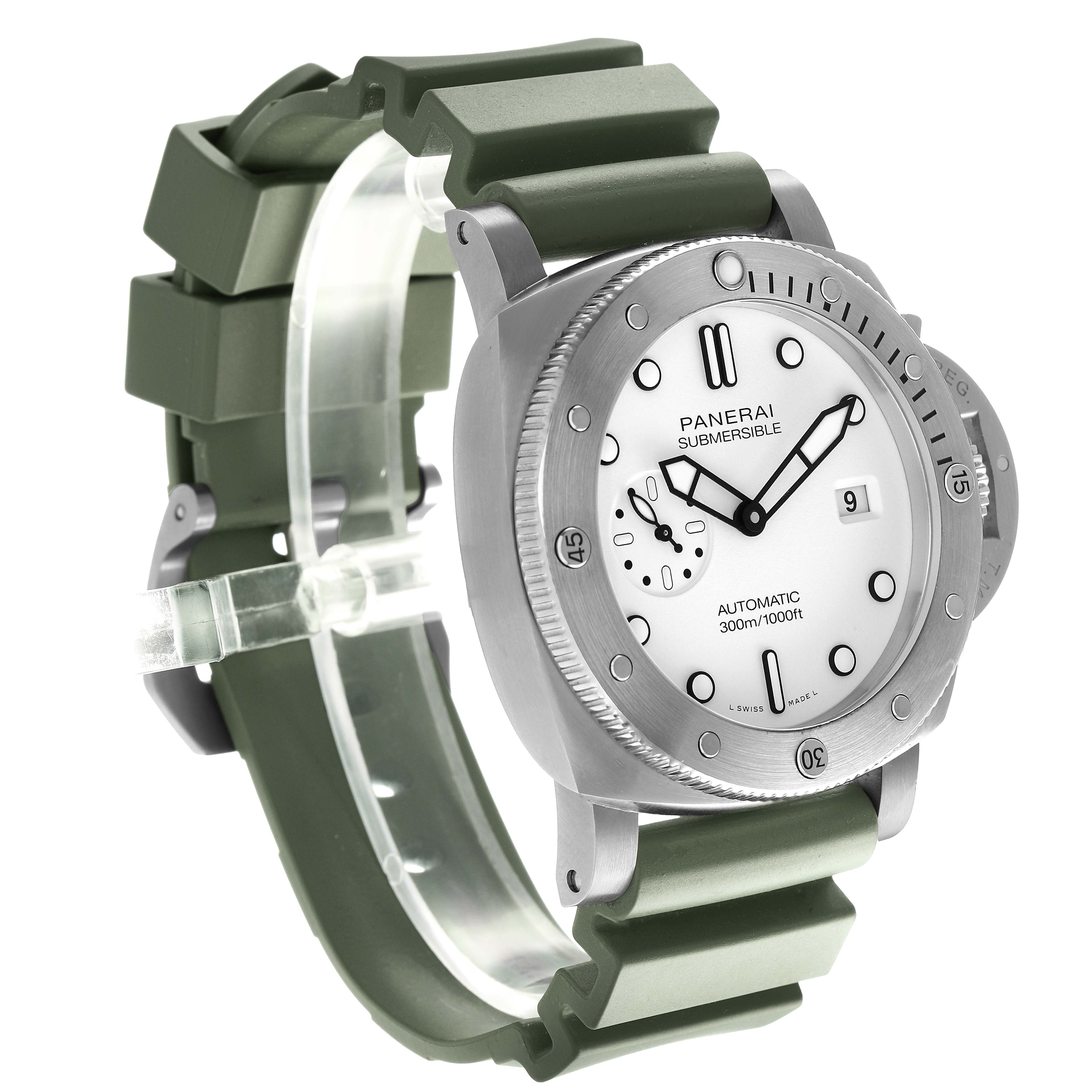 The Panerai Submersible PAM01226 Men's Stainless Steel White Dial watch is shown at an angled side view, highlighting the face, bezel, and green strap.