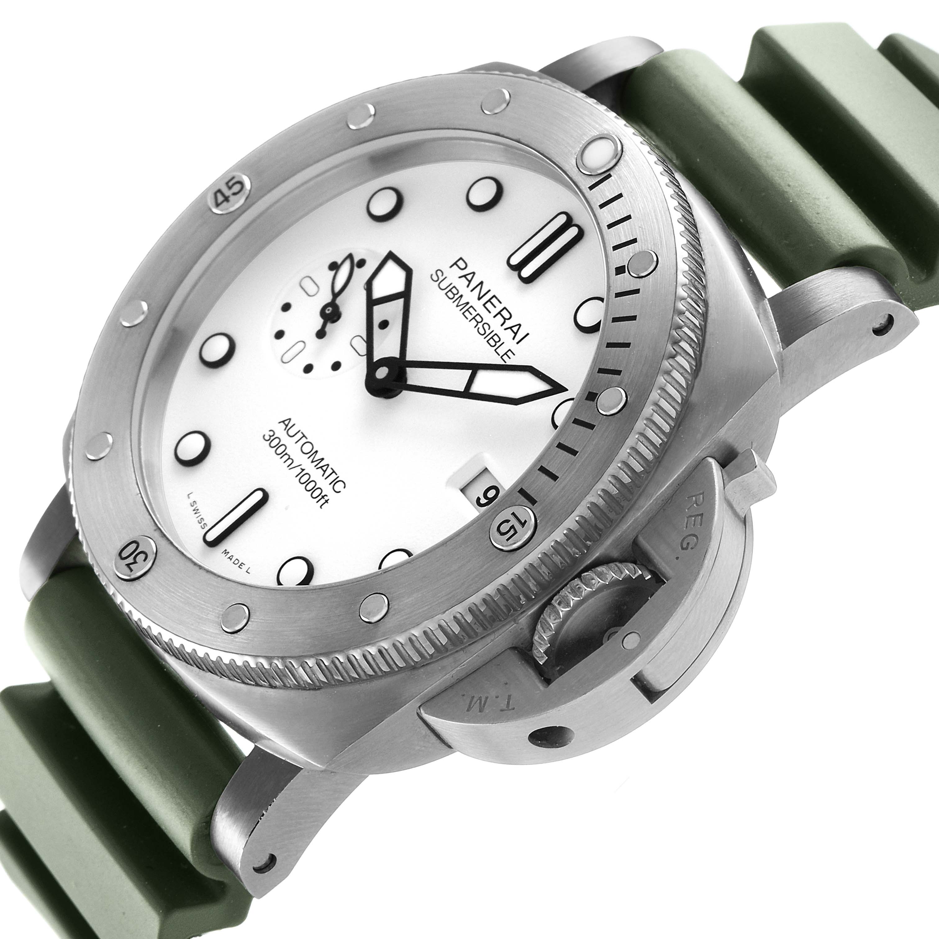 The Panerai Submersible PAM01226 Men's Stainless Steel White Dial watch is shown at an angle displaying the dial, bezel, crown guard, and olive green strap.