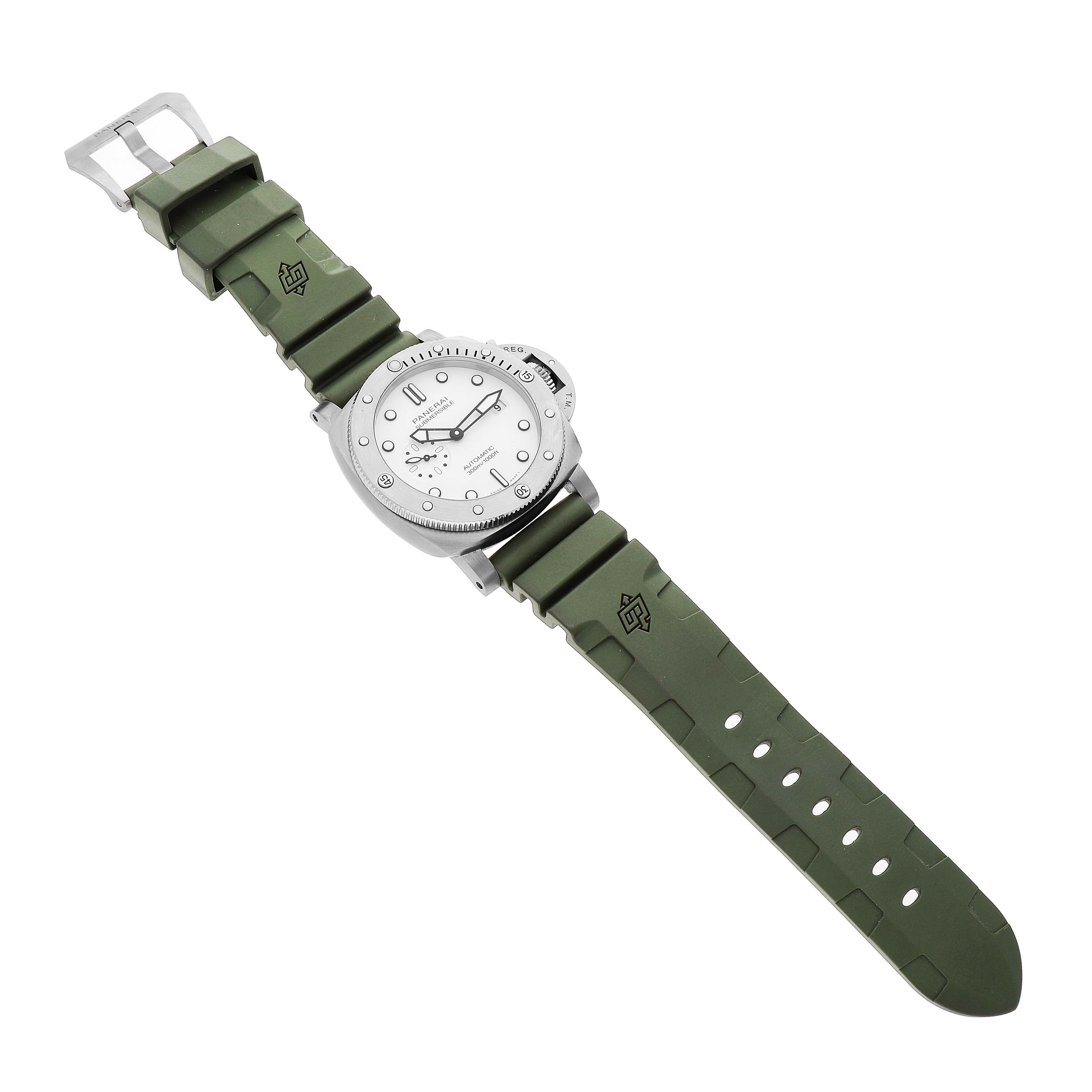 The Panerai Submersible PAM01226 Men's Stainless Steel White Dial watch is shown from a top view, featuring a green strap and a white dial.