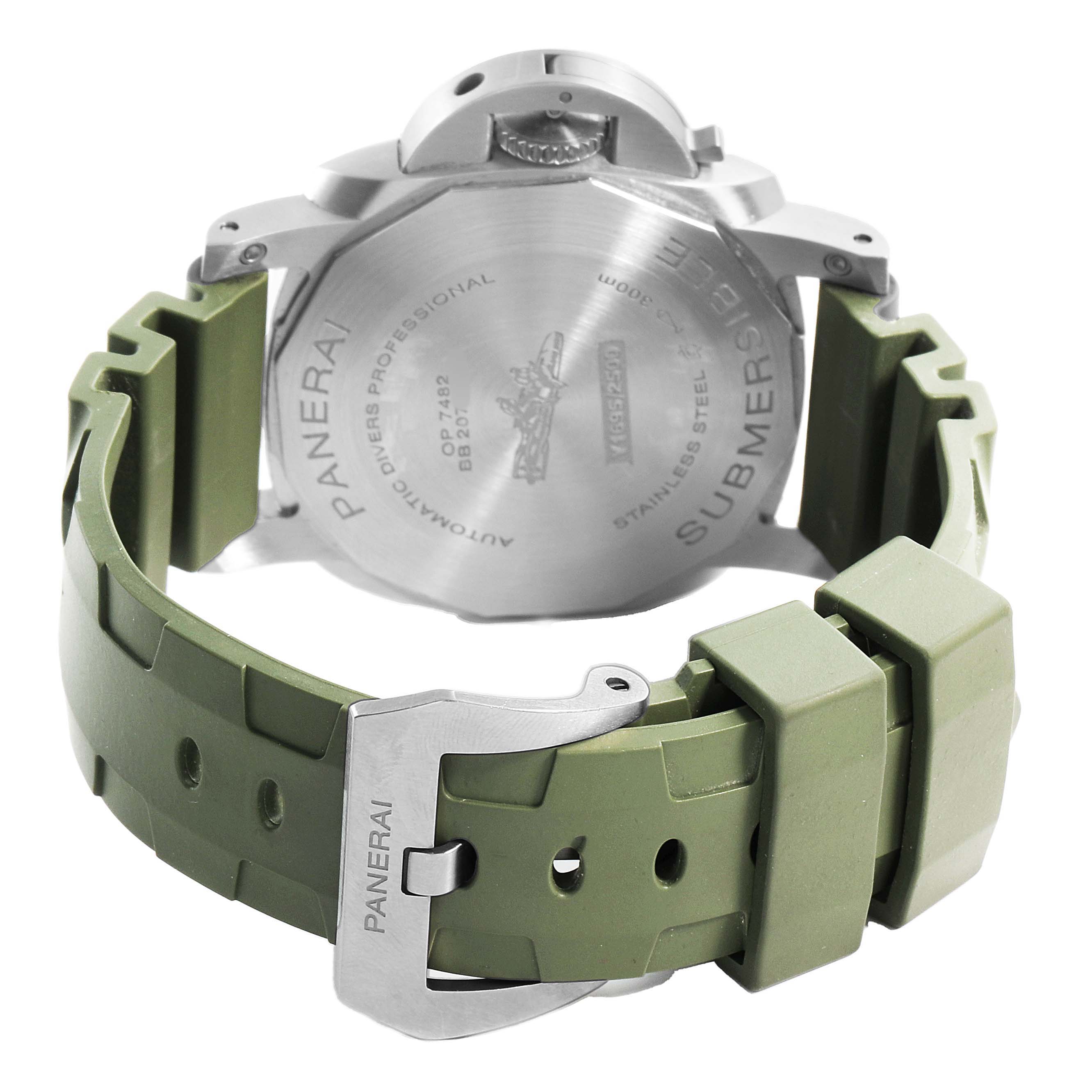 The image shows the back of a Panerai Submersible PAM01226 Men's Stainless Steel White Dial watch, highlighting the case back and green strap.