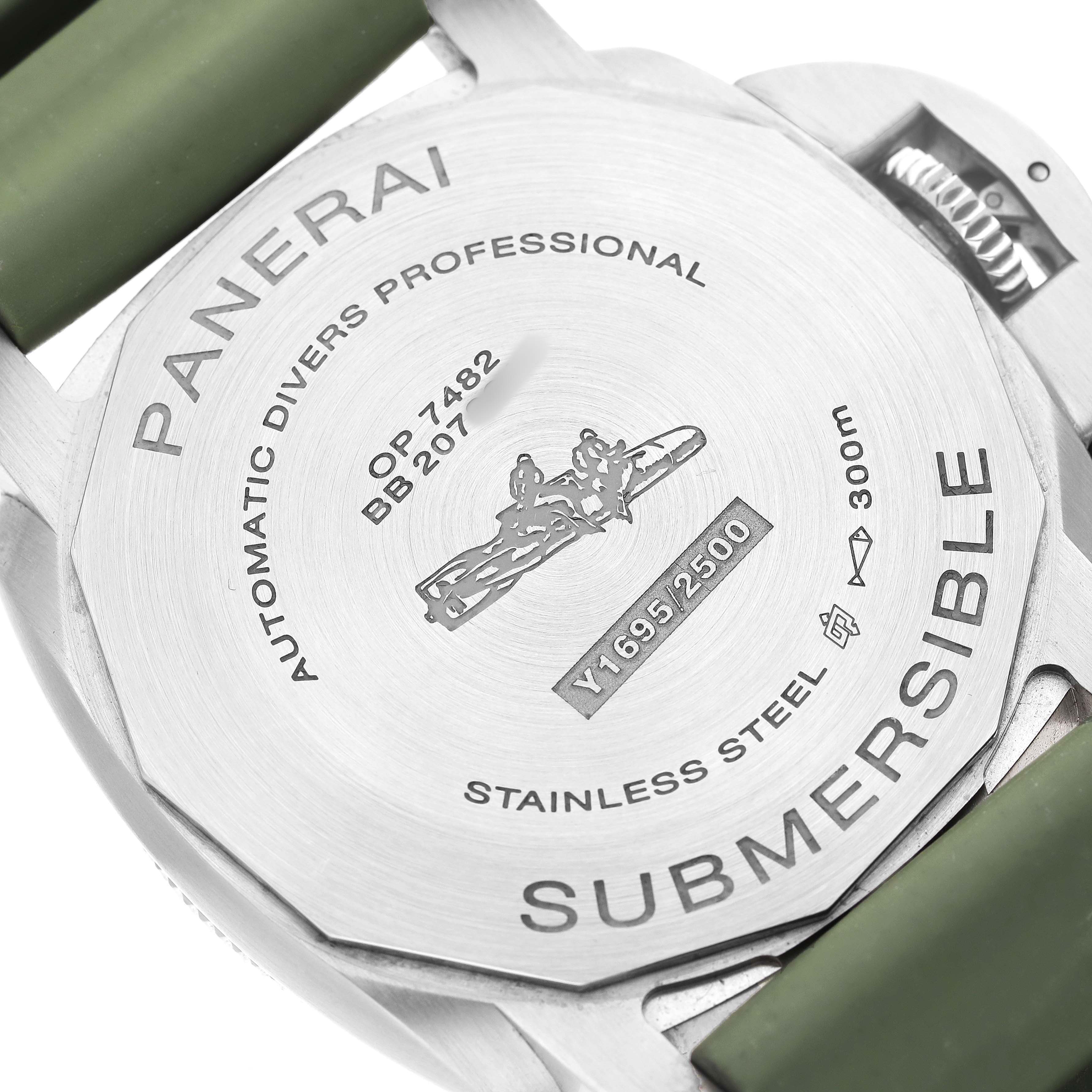The image shows the back of a Panerai Submersible PAM01226 Men's Stainless Steel White Dial watch, highlighting the engraved details and serial number.