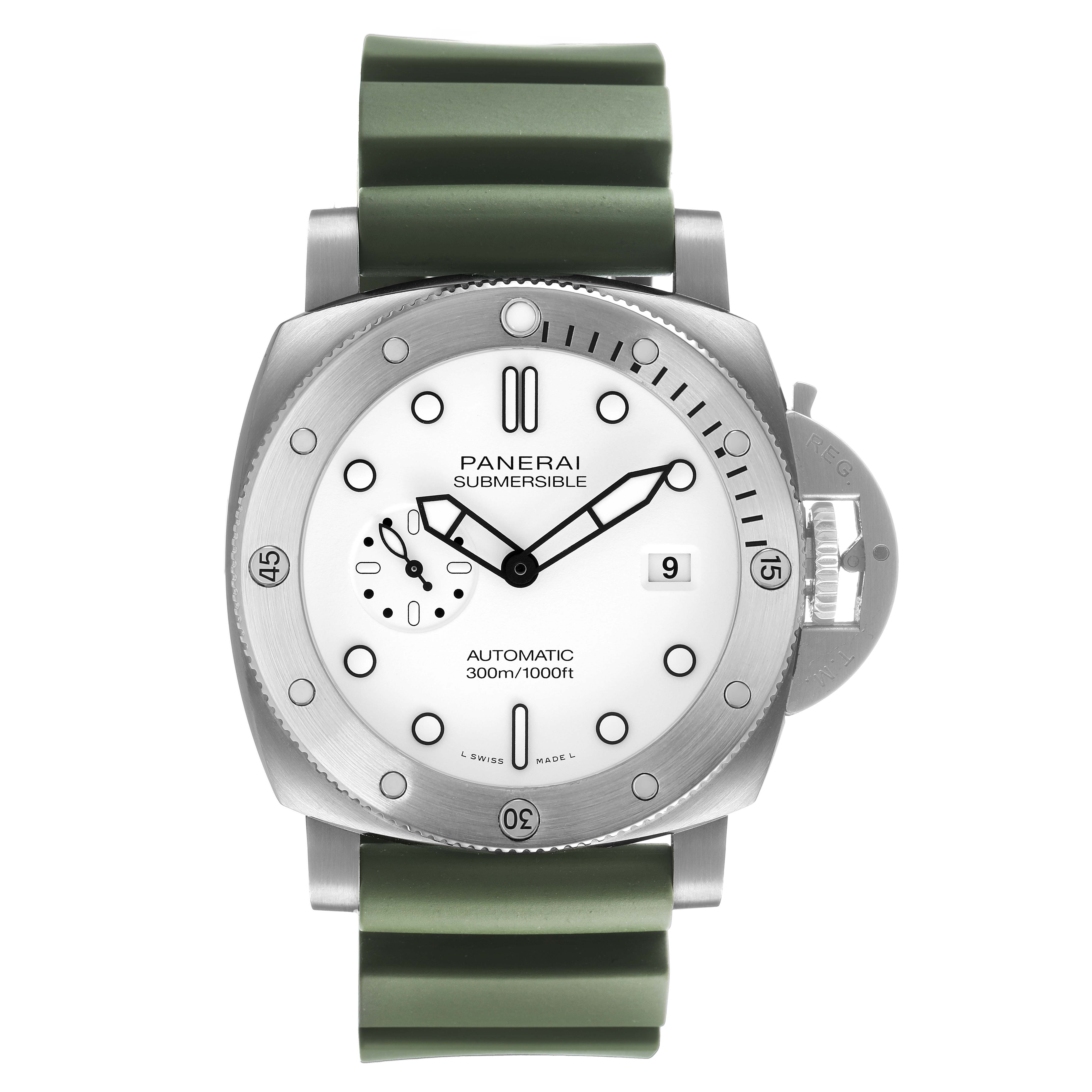 The Panerai Submersible PAM01226 Men's Stainless Steel White Dial watch is shown from a front angle, displaying the dial, bezel, and green strap.