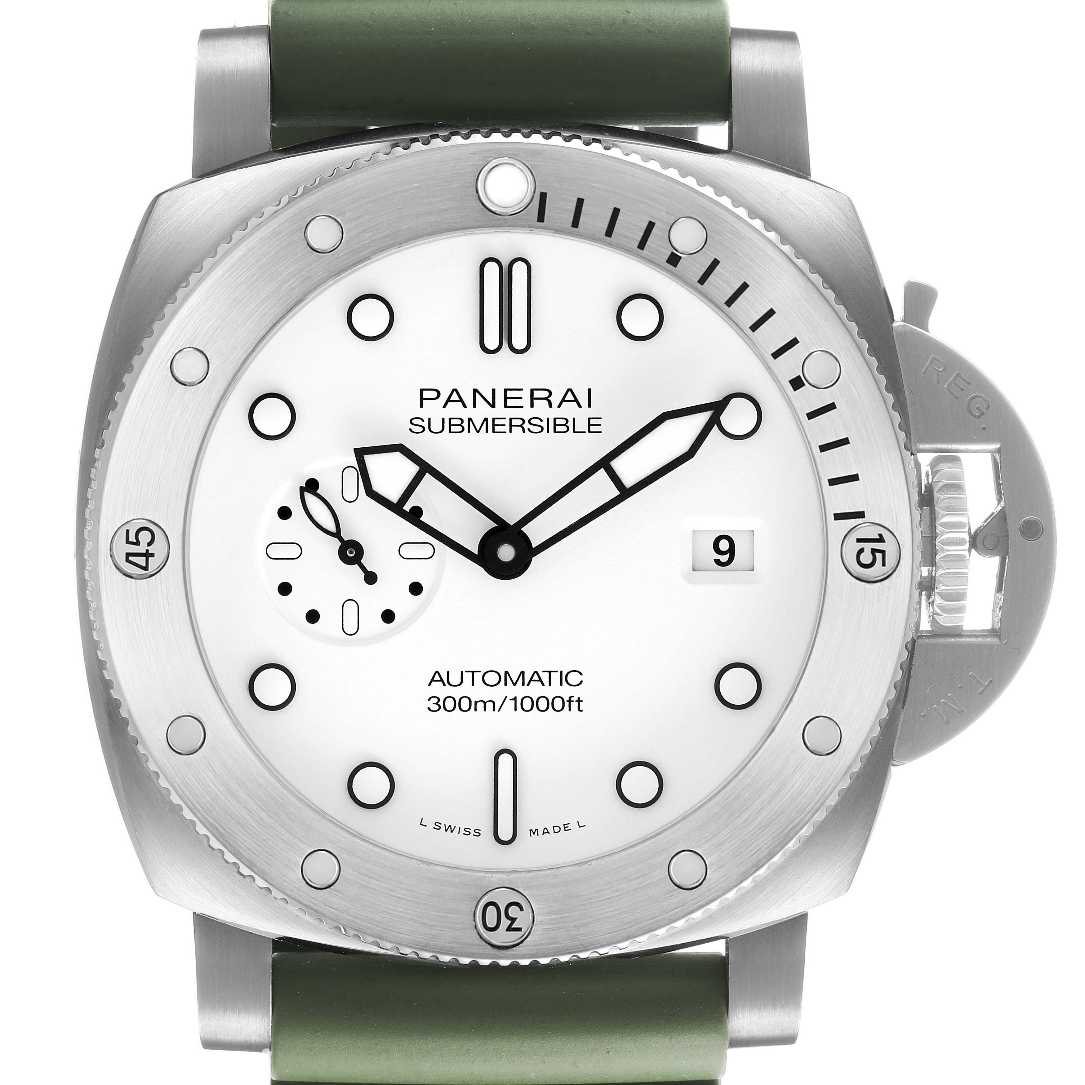 The Panerai Submersible PAM01226 Men's Stainless Steel White Dial watch is shown from the front, displaying its dial, hands, bezel, and crown guard.