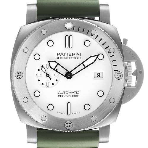The Panerai Submersible PAM01226 Men's Stainless Steel White Dial watch is shown from a front angle, highlighting the dial, hands, bezel, and crown guard.