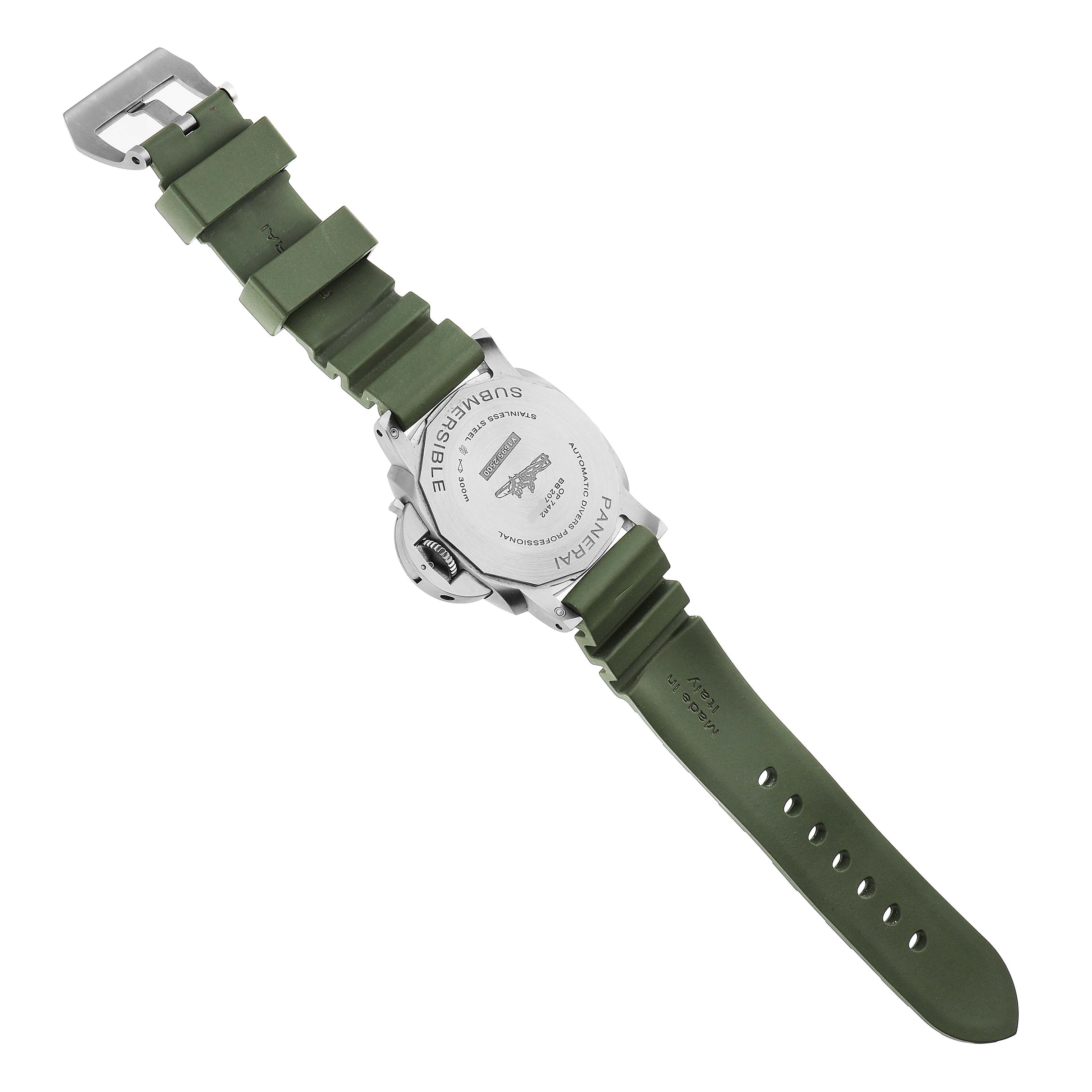 The Panerai Submersible PAM01226 Men's Stainless Steel White Dial watch is shown from the back, highlighting the case back, lugs, and green strap.