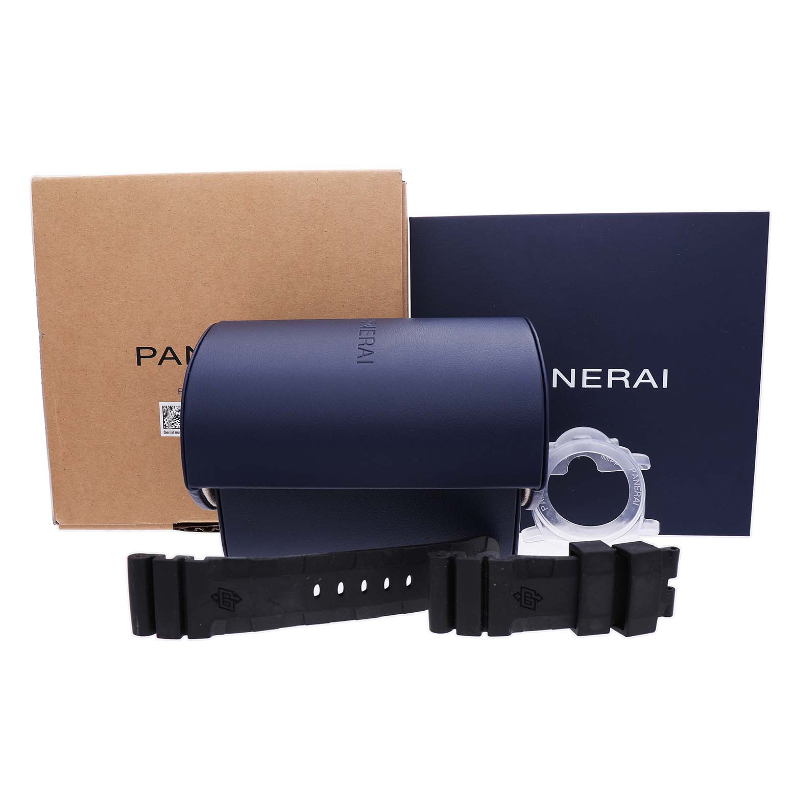 The image displays the packaging and accessories for a Panerai Submersible PAM01226 Men's Stainless Steel White Dial watch, including a case and strap, in a front angle.