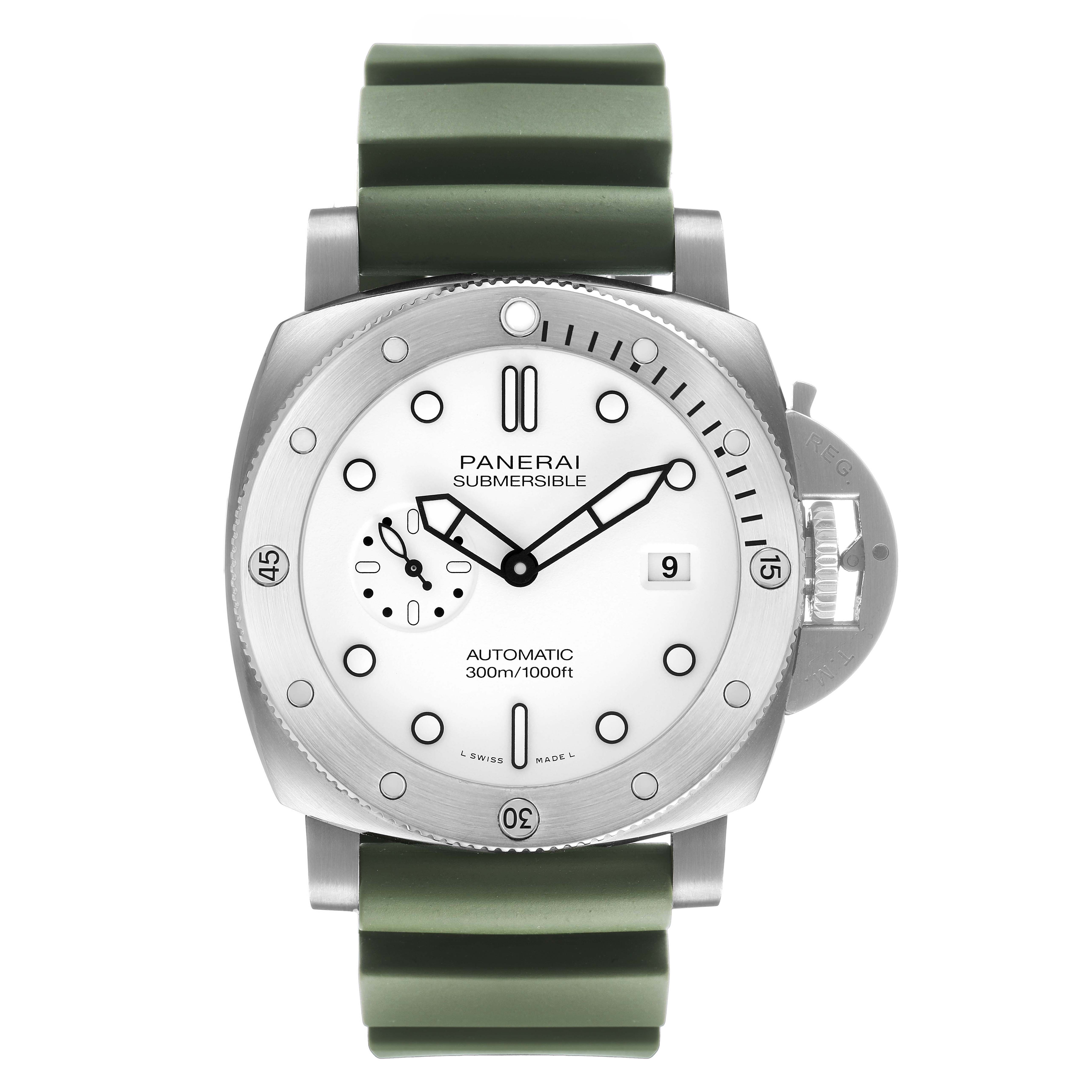 The Panerai Submersible PAM01226 Men's Stainless Steel White Dial watch is shown from the front, displaying its dial, bezel, hands, strap, and crown guard.