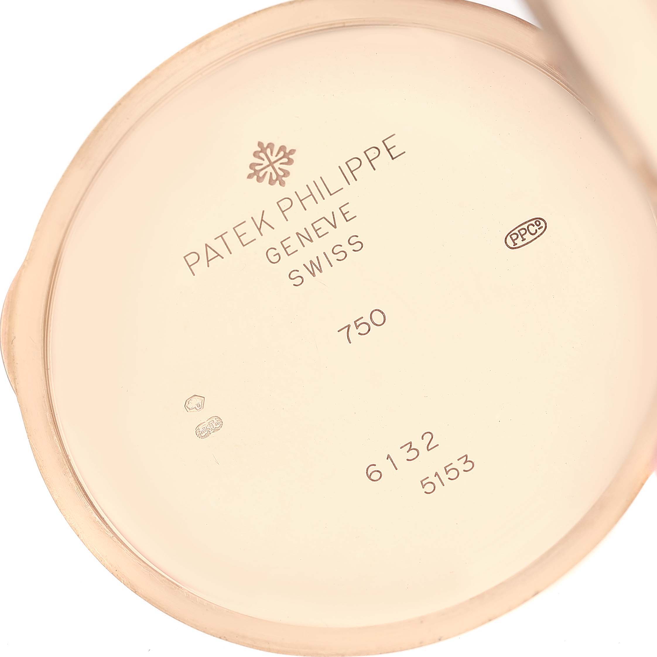 The image shows the inside case back of a Patek Philippe Calatrava 5153R-001 Men's Rose Gold Silver Dial 5153R-001 Men's Rose Gold Silver Dial watch.