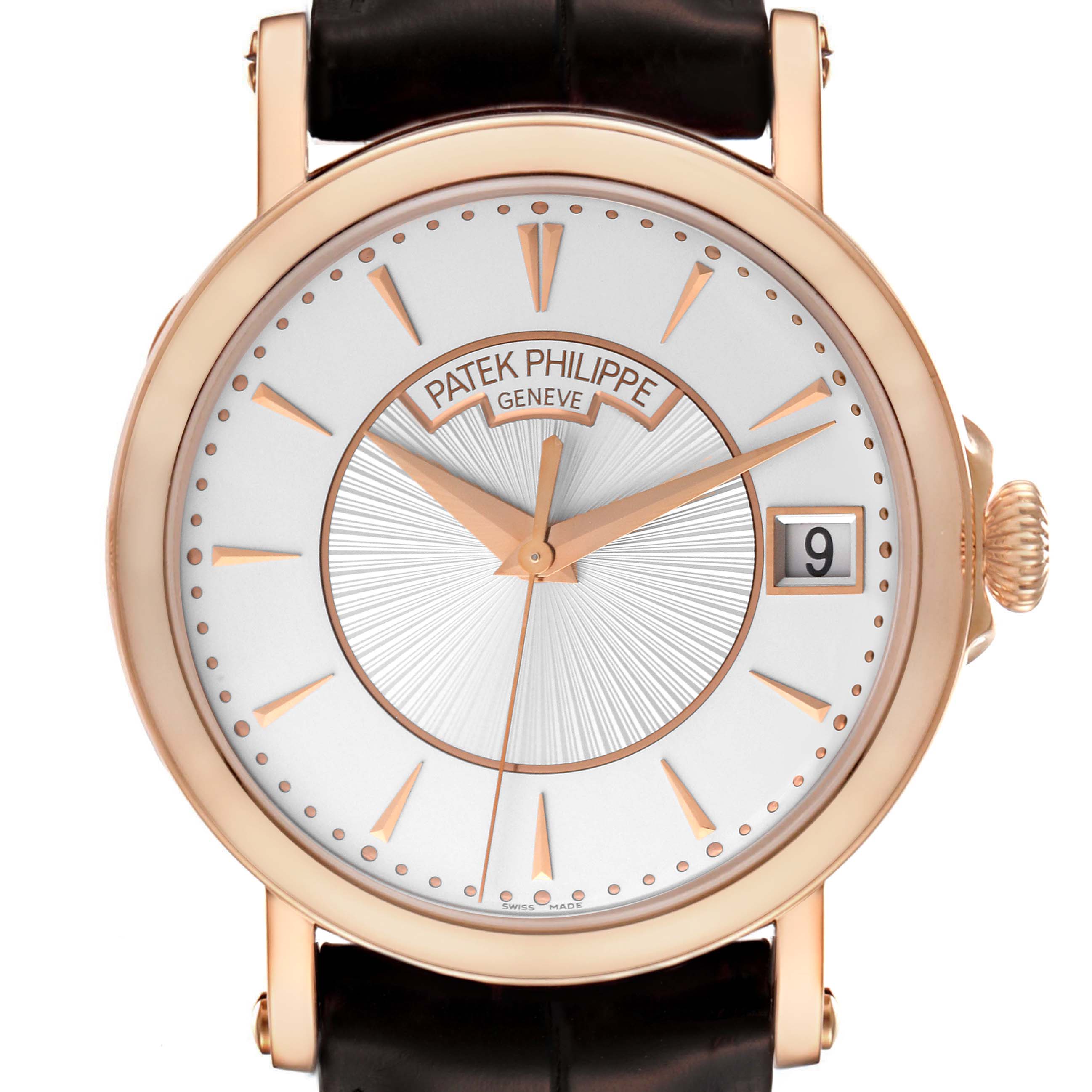 This image shows a front view of a Patek Philippe Calatrava 5153R-001 Men's Rose Gold Silver Dial 5153R-001 Men's Rose Gold Silver Dial watch, highlighting its dial, hands, date window, and part of the strap.