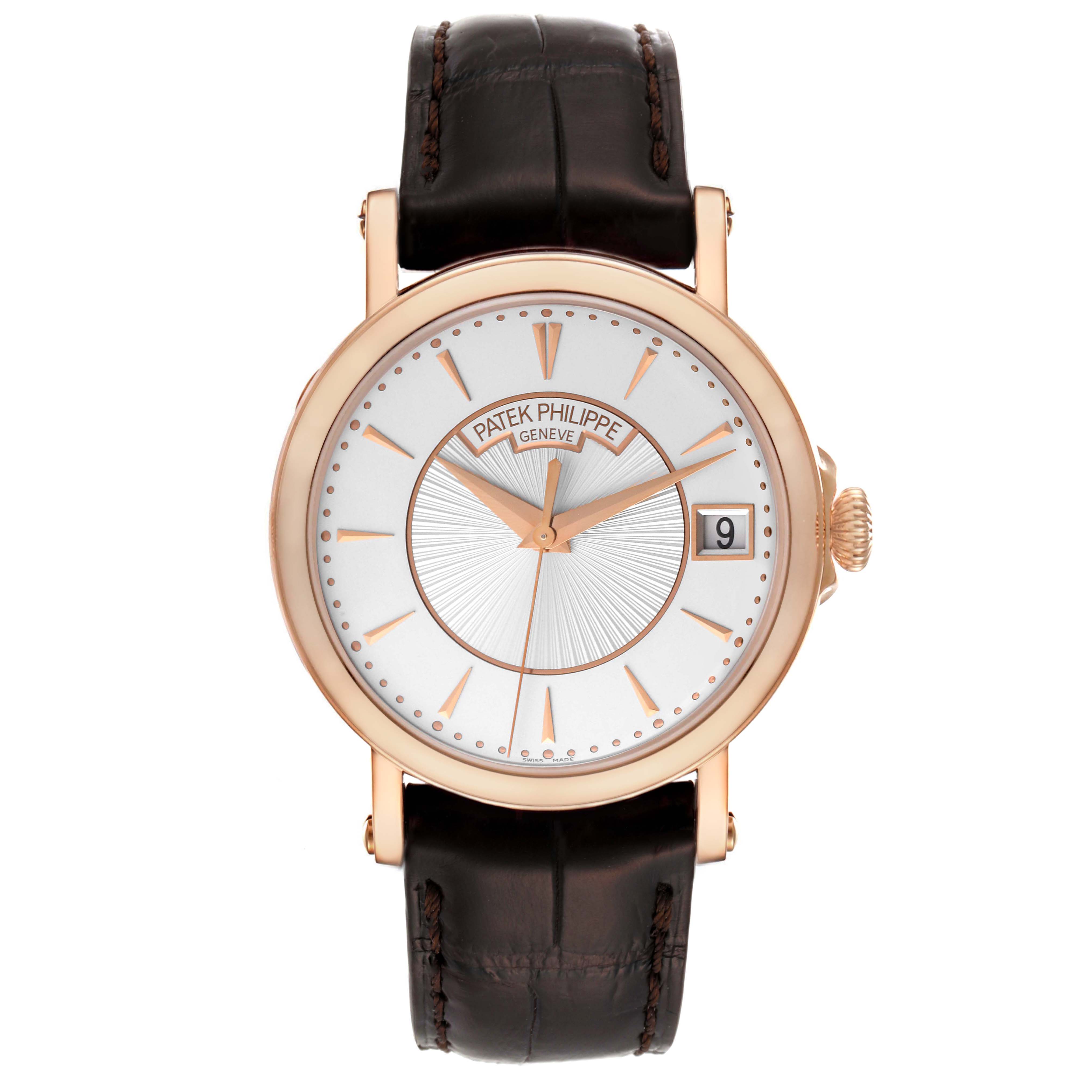 This is a frontal view of the Patek Philippe Calatrava 5153R-001 Men's Rose Gold Silver Dial 5153R-001 Men's Rose Gold Silver Dial watch, showcasing the dial, hands, date display, and leather strap.