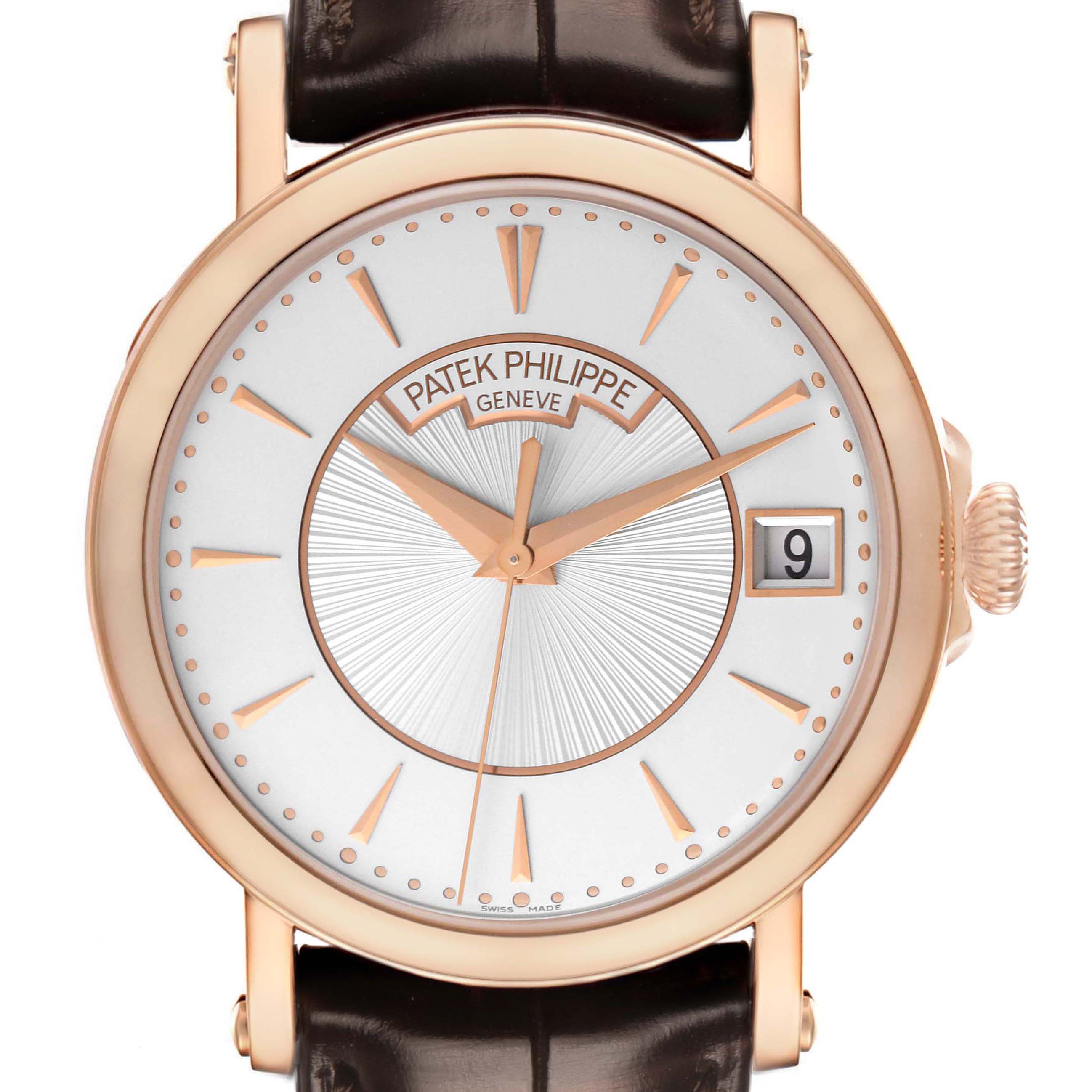 The Patek Philippe Calatrava 5153R-001 Men's Rose Gold Silver Dial watch is shown from a direct front view, highlighting the face, bezel, and date window.