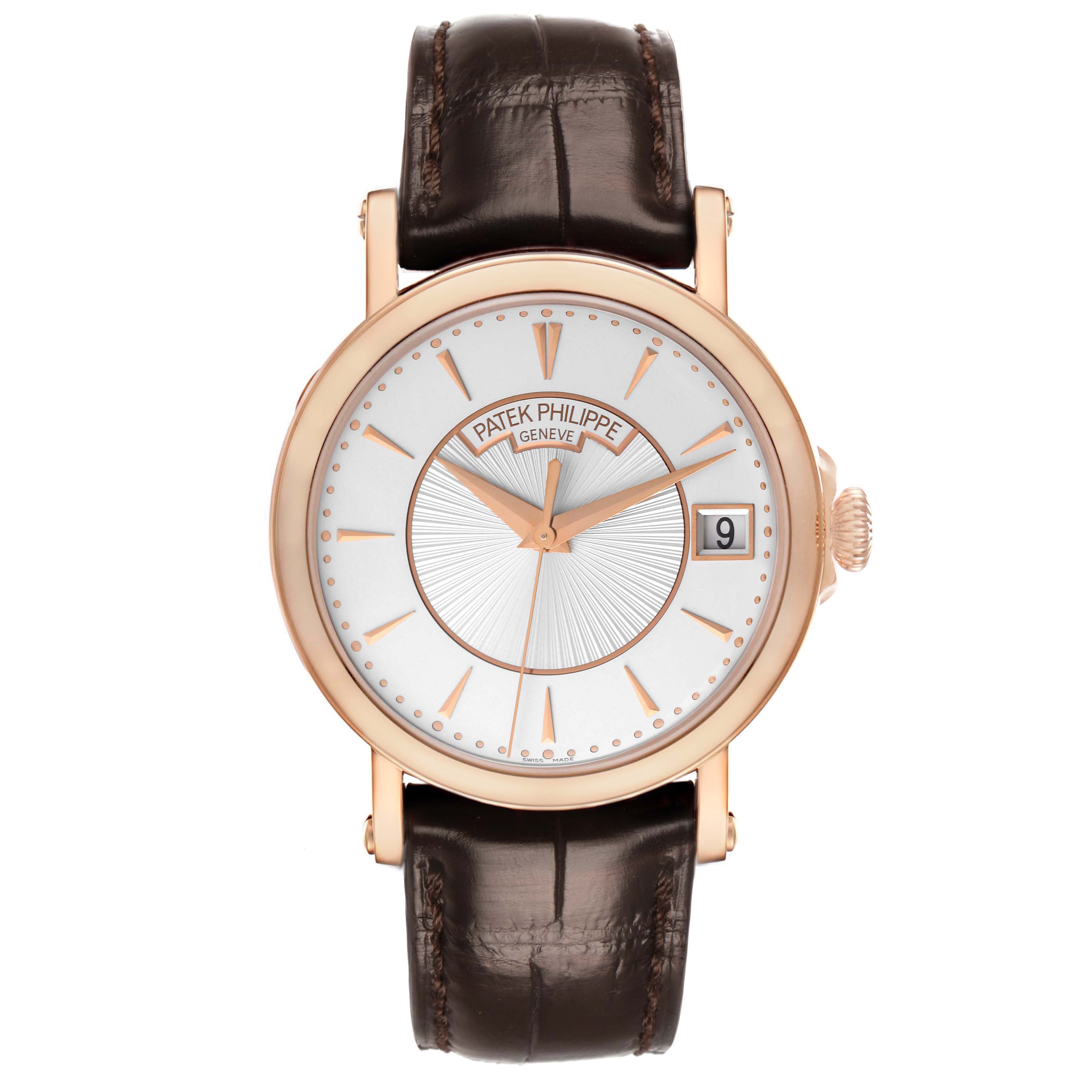 The Patek Philippe Calatrava 5153R-001 Men's Rose Gold Silver Dial watch is shown from a front angle, highlighting its dial, hands, and leather strap.