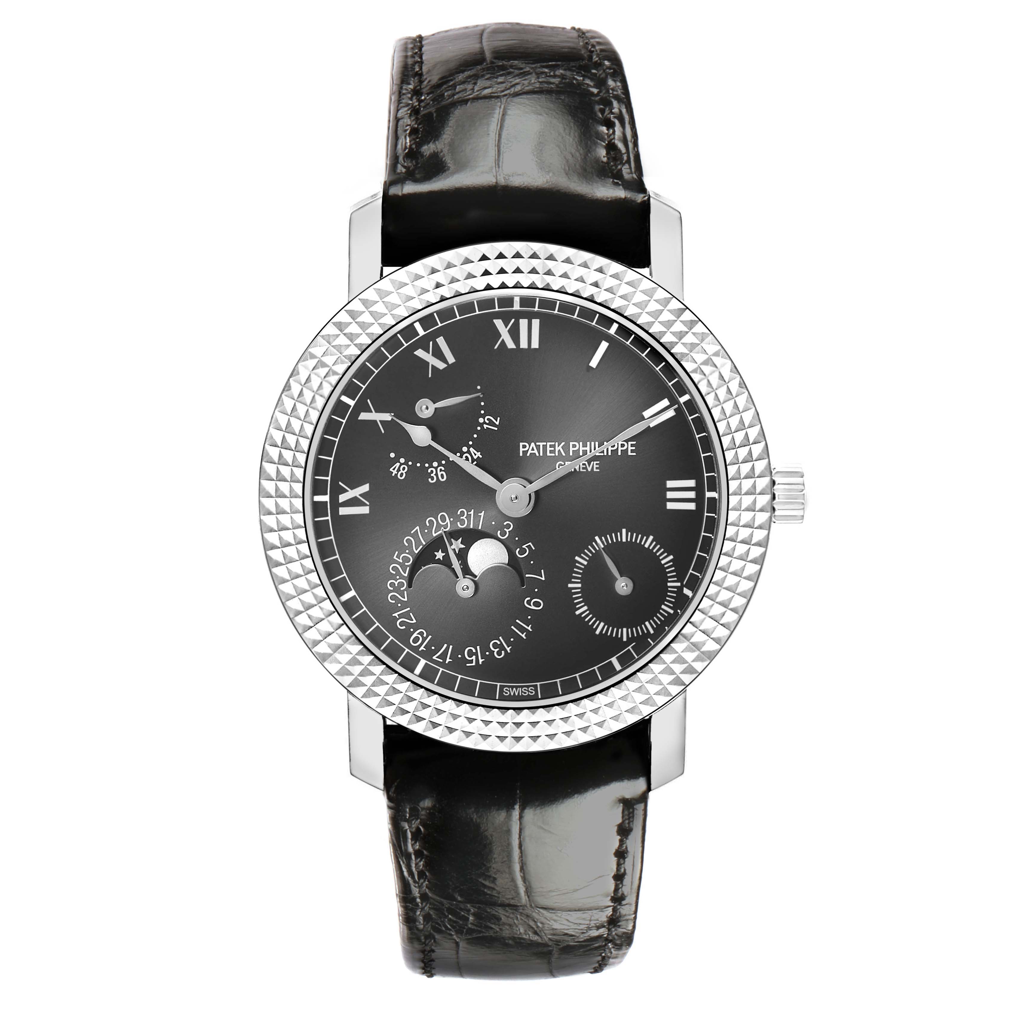 The Patek Philippe Calatrava 5057G-010 Men's White Gold Grey Dial watch is shown from the front, displaying the dial, hands, bezel, and leather strap.