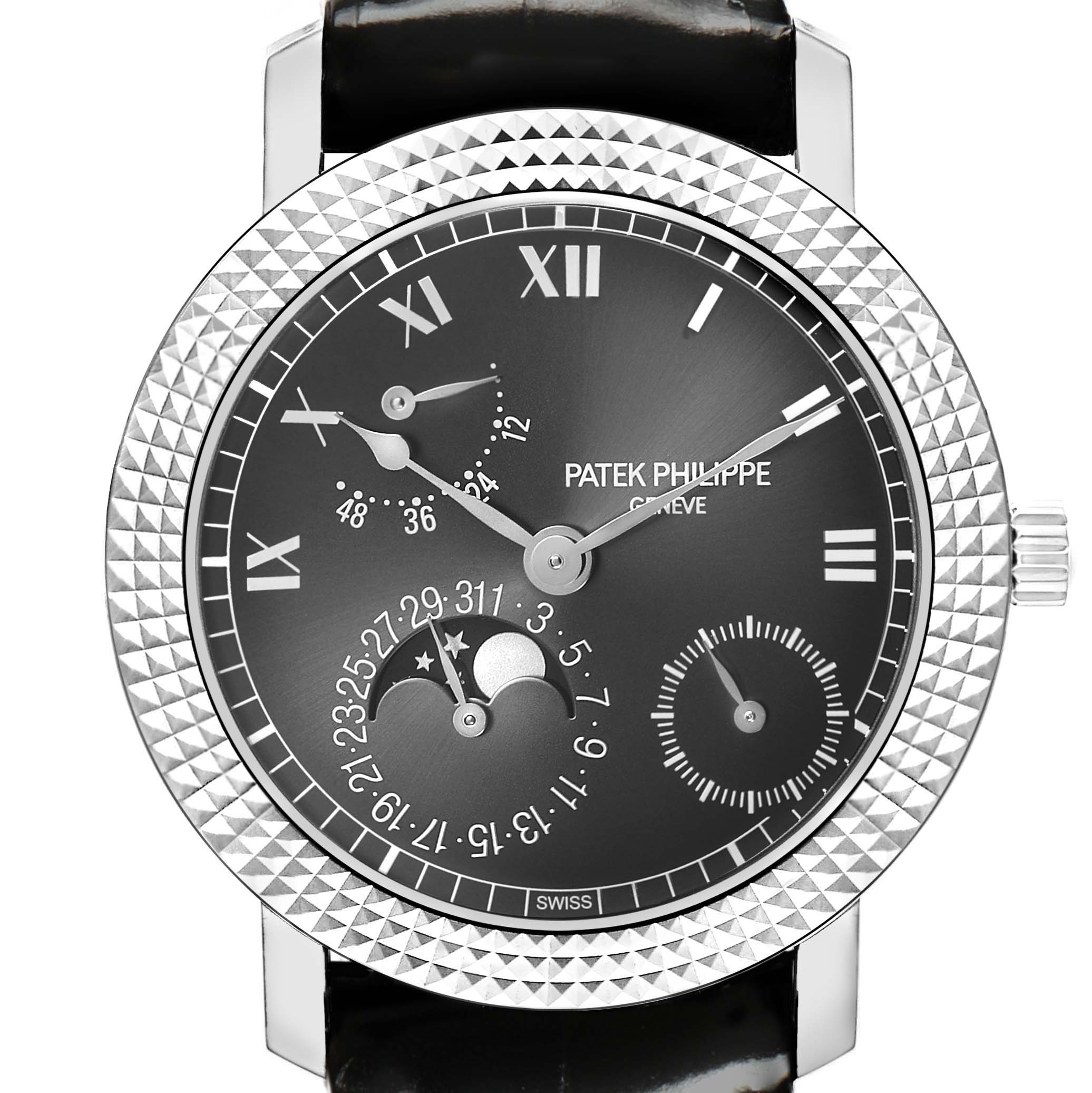 The image shows the Patek Philippe Calatrava 5057G-010 Men's White Gold Grey Dial watch face at a front angle, highlighting the textured bezel and various subdials.