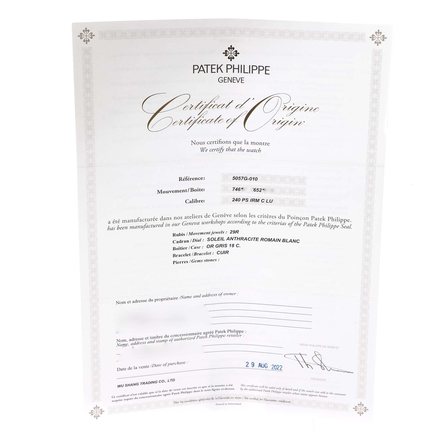 The image shows a Certificate of Origin for a Patek Philippe Calatrava 5057G-010 Men's White Gold Grey Dial watch, displaying details like reference number and manufacturing info.