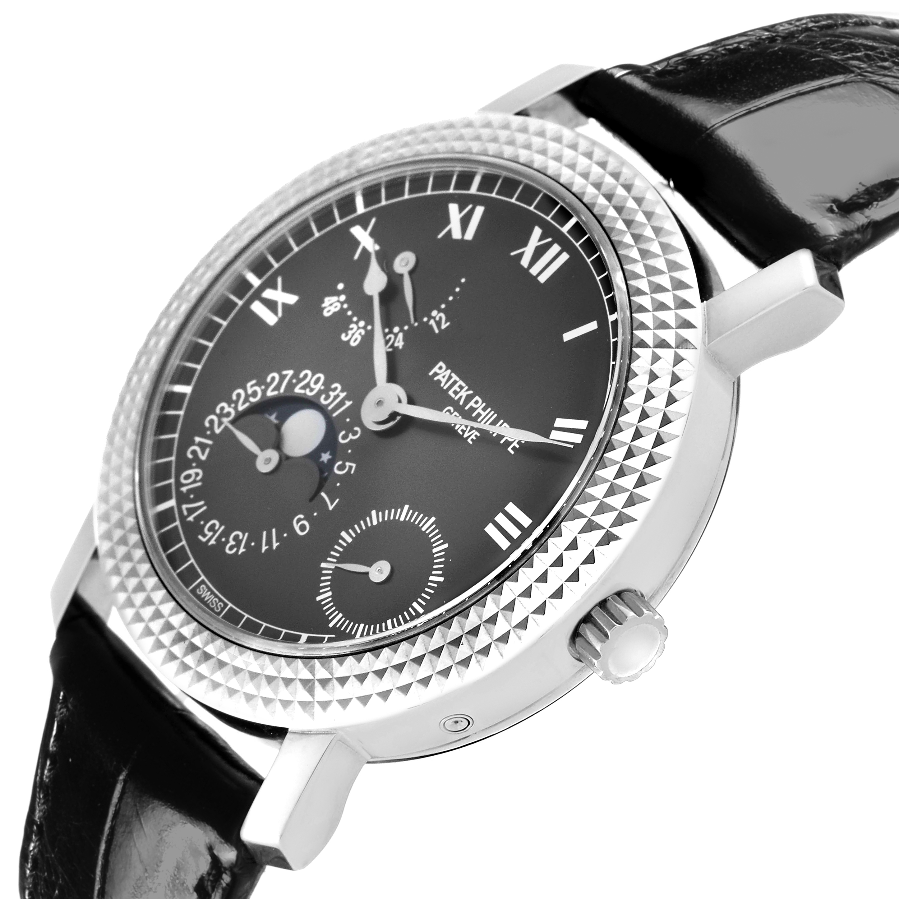 The Patek Philippe Calatrava 5057G-010 Men's White Gold Grey Dial watch is shown at a side angle, highlighting the textured bezel, dial, and leather strap.