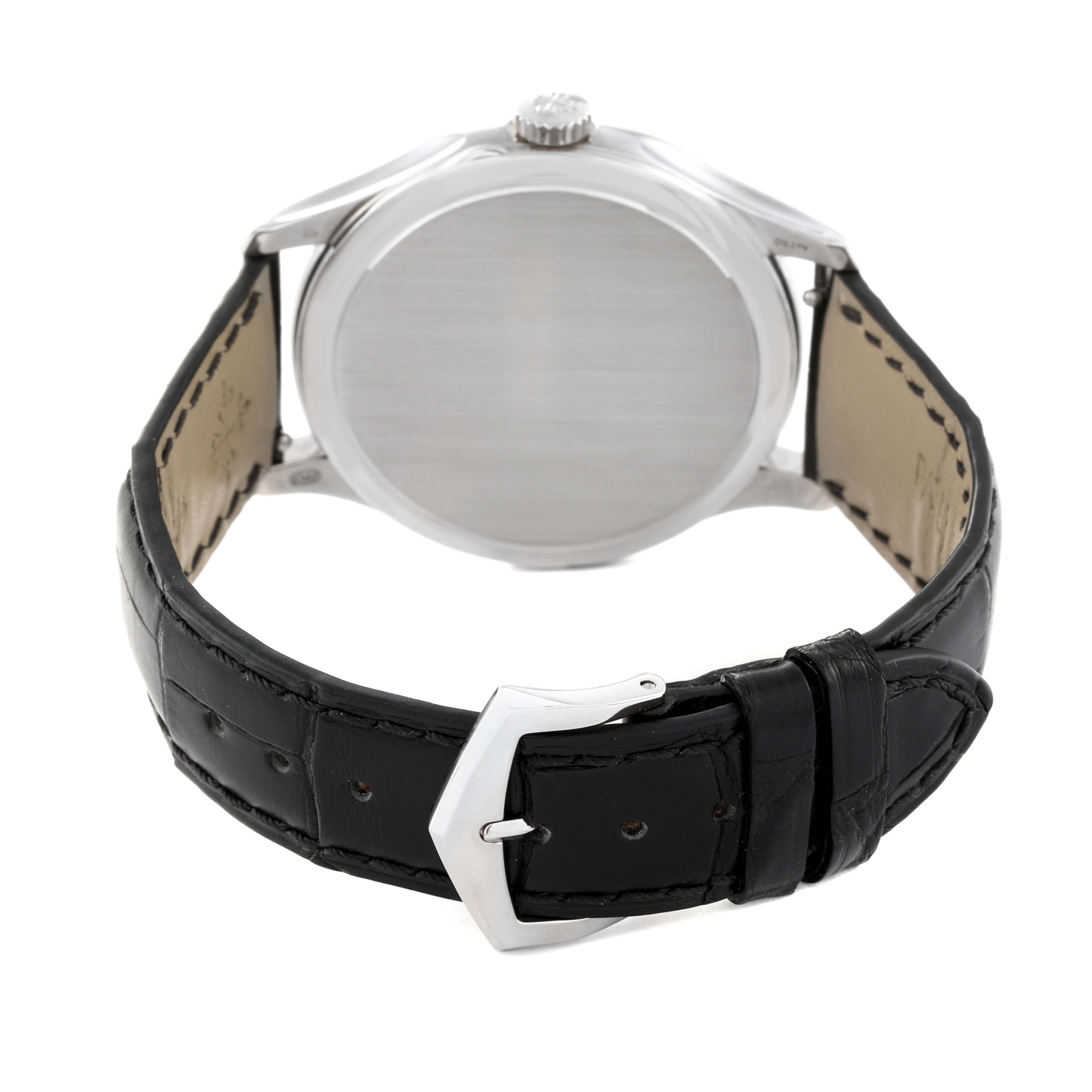 The image shows a rear view of the Patek Philippe Calatrava 5227G-001 Men's White Gold Beige Dial 5227G-001 Men's White Gold Beige Dial watch, highlighting the case back and black leather strap with a buckle.