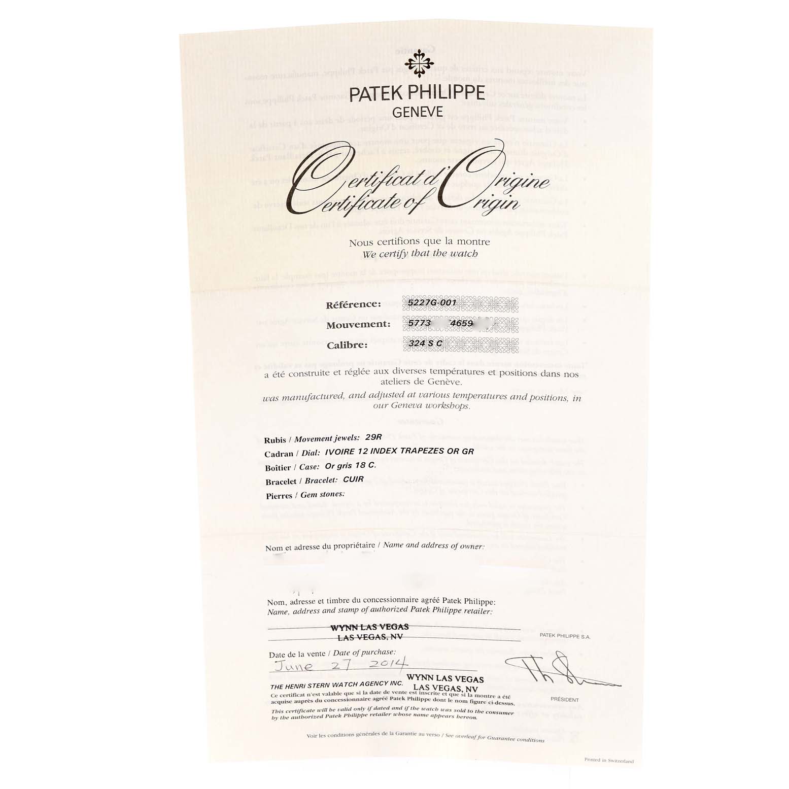 The image shows a Certificate of Origin for the Patek Philippe Calatrava 5227G-001 Men's White Gold Beige Dial 5227G-001 Men's White Gold Beige Dial watch, including reference, movement, and caliber details.