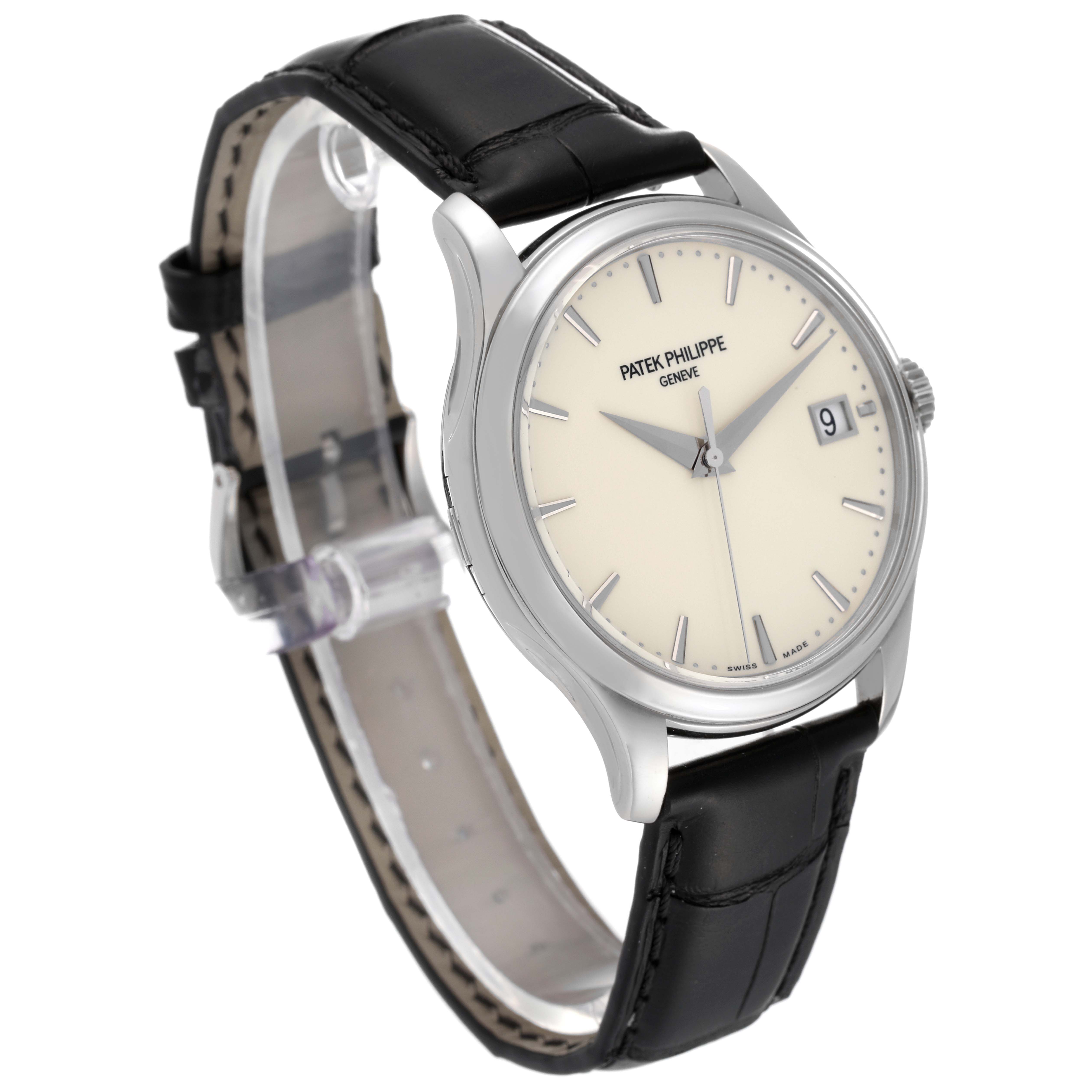 The image shows a Patek Philippe Calatrava 5227G-001 Men's White Gold Beige Dial 5227G-001 Men's White Gold Beige Dial watch at a three-quarter angle, highlighting the face, case, and leather strap.