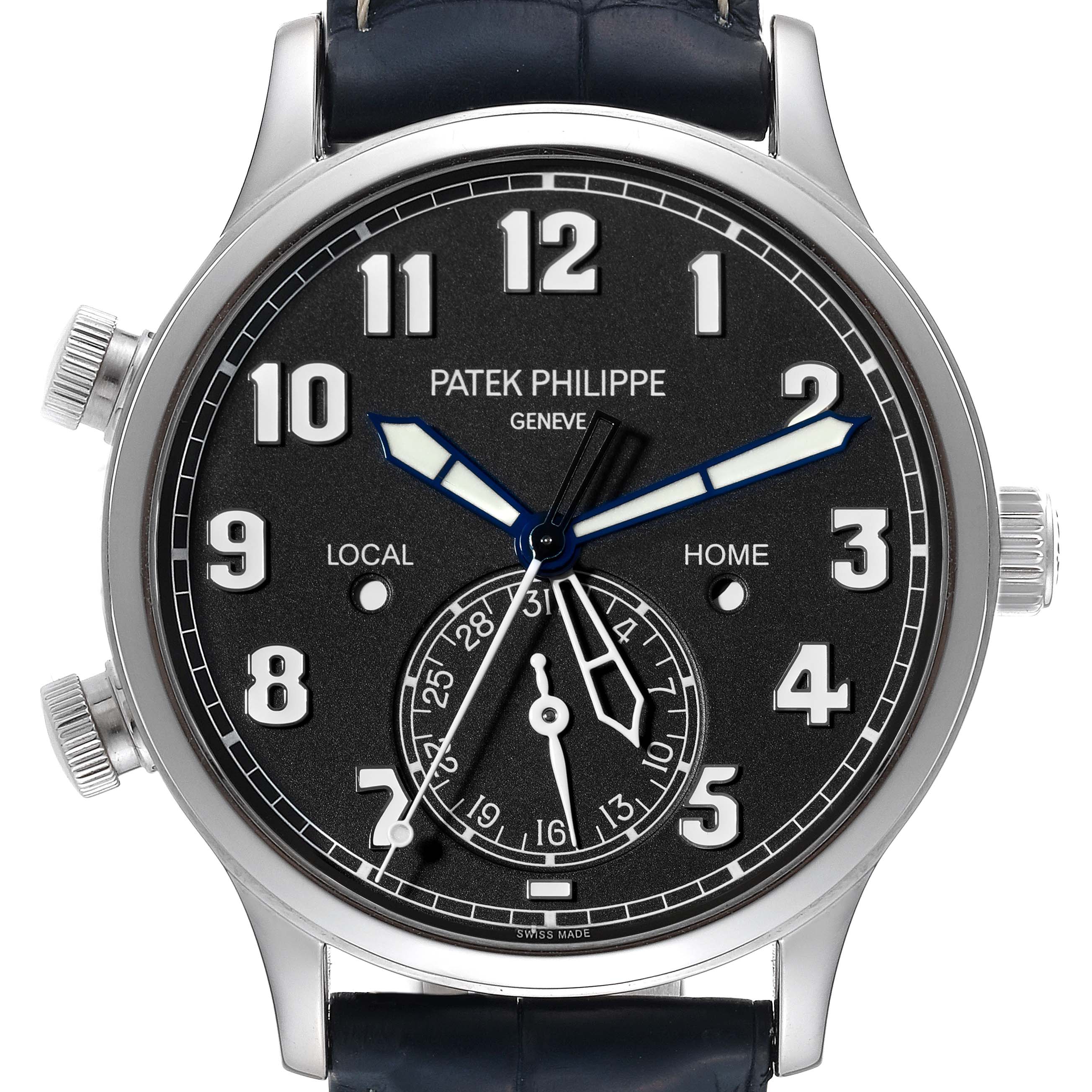 This image shows a front view of the Patek Philippe Calatrava 5524G-001 Men's White Gold Black Dial 5524G-001 Men's White Gold Black Dial watch, highlighting its dial, numerals, hands, and additional subdials.