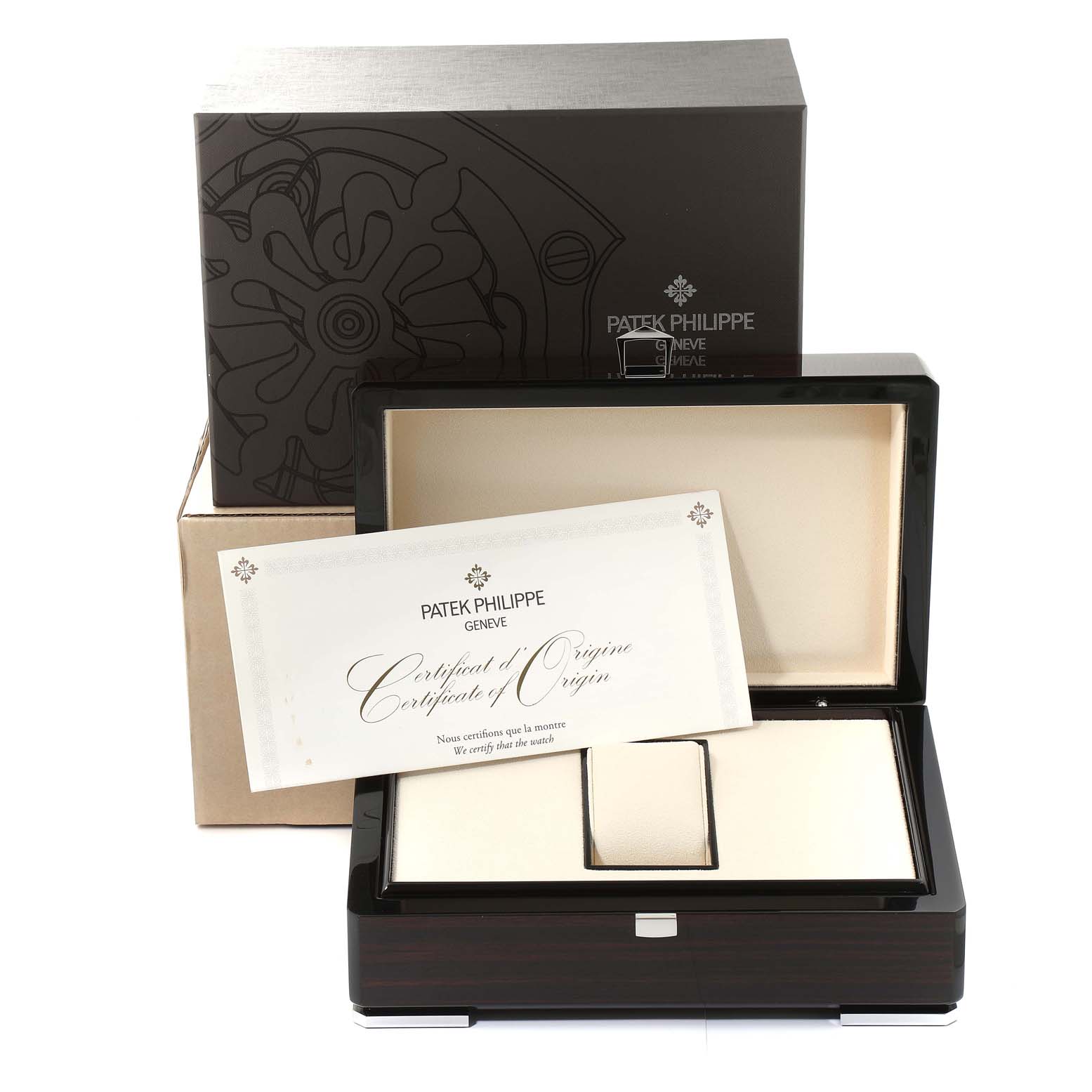 The image shows the Patek Philippe Calatrava 5524G-001 Men's White Gold Black Dial 5524G-001 Men's White Gold Black Dial's watch box, outer box, and certificate of origin from a frontal angle.