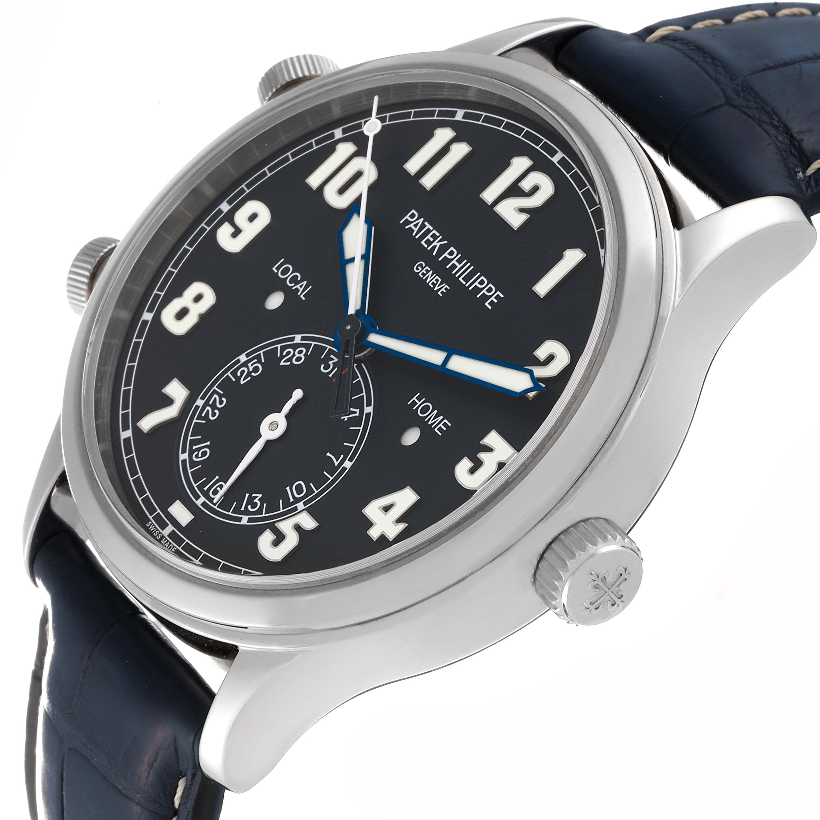 The image shows a side and front angle of the Patek Philippe Calatrava 5524G-001 Men's White Gold Black Dial 5524G-001 Men's White Gold Black Dial watch, highlighting the dial, case, and strap.