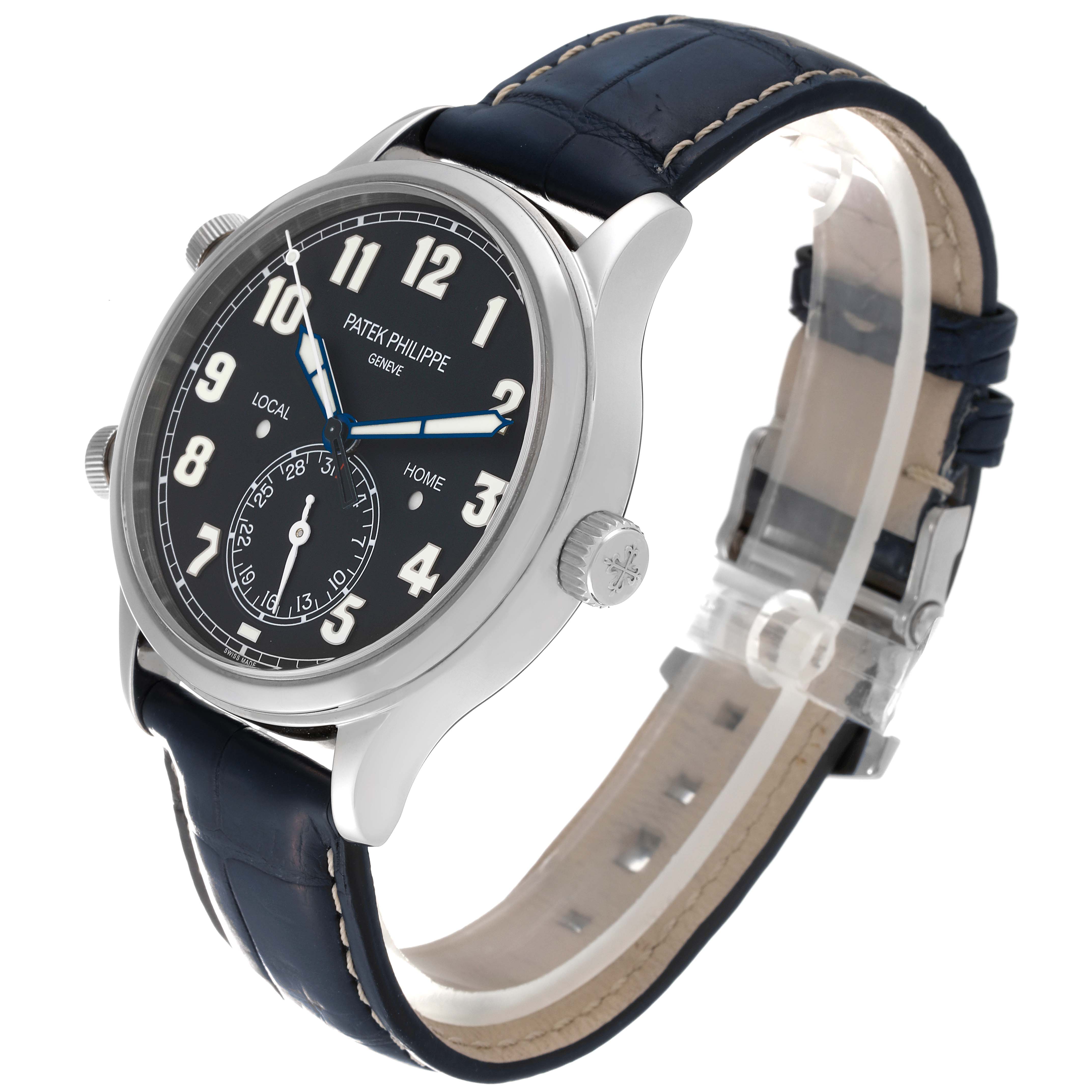 The image shows a Patek Philippe Calatrava 5524G-001 Men's White Gold Black Dial 5524G-001 Men's White Gold Black Dial watch at a three-quarter angle, highlighting the face, crown, and strap.