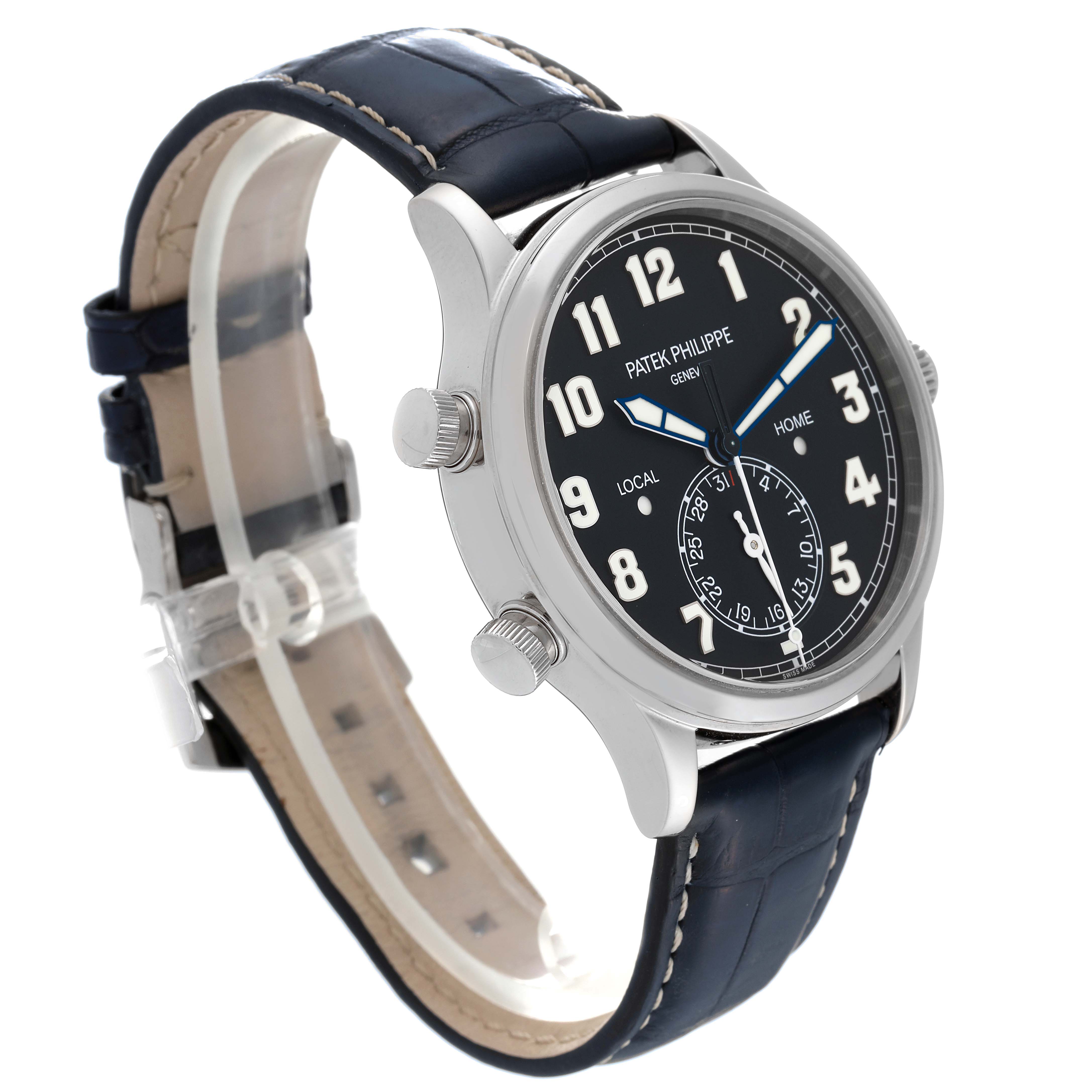 The image shows a front-side angle of a Patek Philippe Calatrava 5524G-001 Men's White Gold Black Dial 5524G-001 Men's White Gold Black Dial watch, highlighting its face, straps, and side knobs.