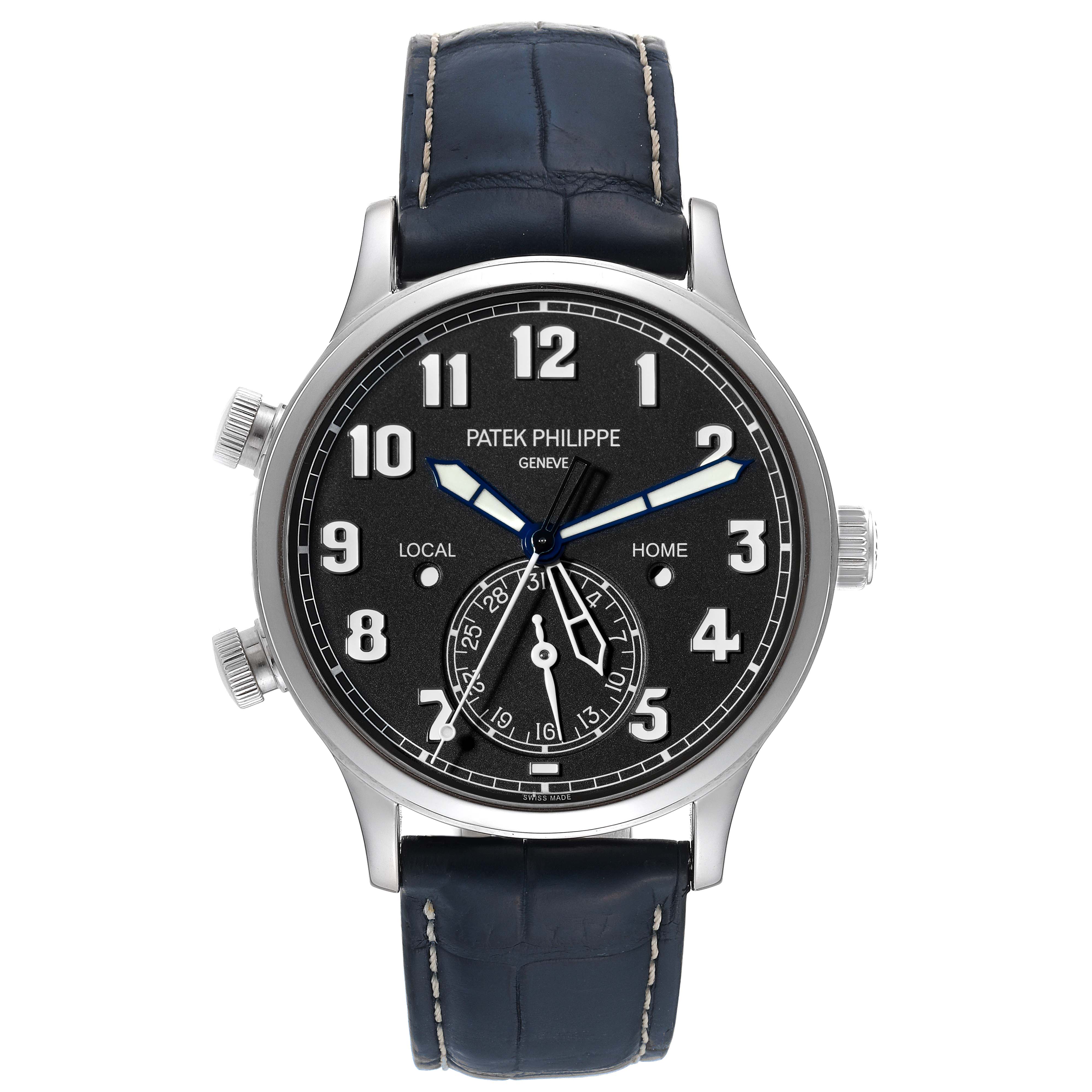 This image shows a front view of the Patek Philippe Calatrava 5524G-001 Men's White Gold Black Dial 5524G-001 Men's White Gold Black Dial model watch, highlighting the face, dial, and leather strap.