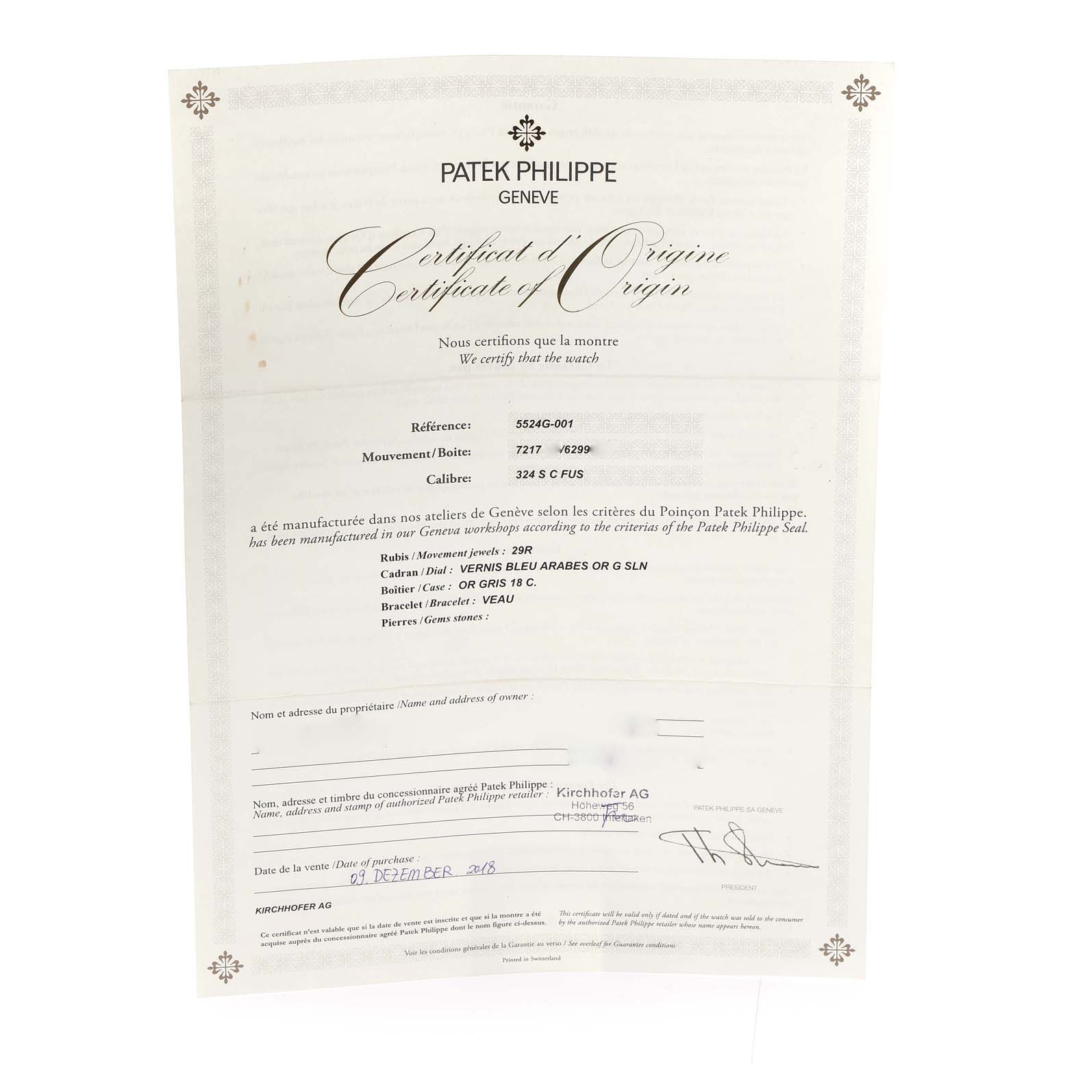 The image shows the Certificate of Origin for the Calatrava model by Patek Philippe.