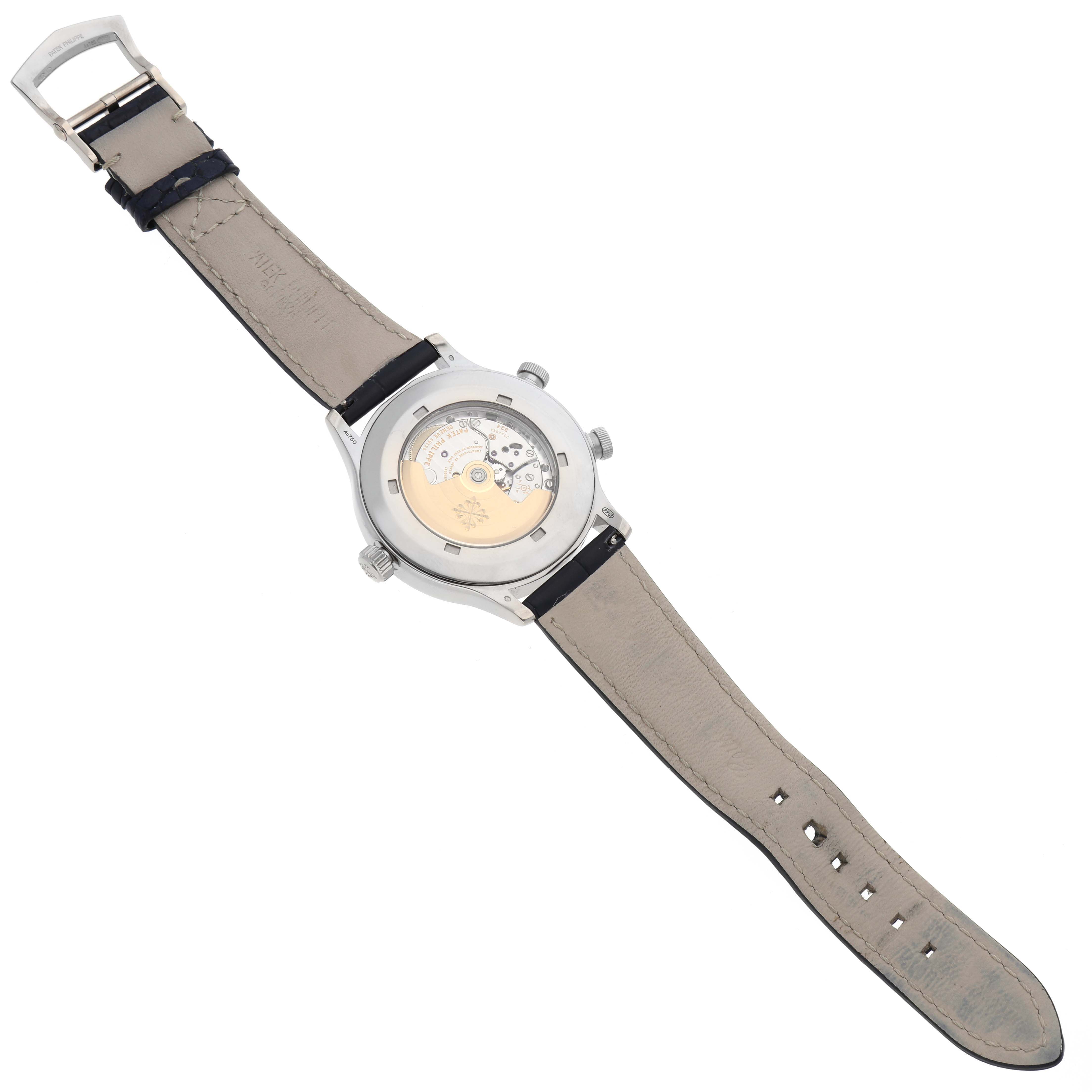 This image shows the back view of a Patek Philippe Calatrava 5524G-001 Men's White Gold Black Dial 5524G-001 Men's White Gold Black Dial watch, highlighting its movement mechanisms.