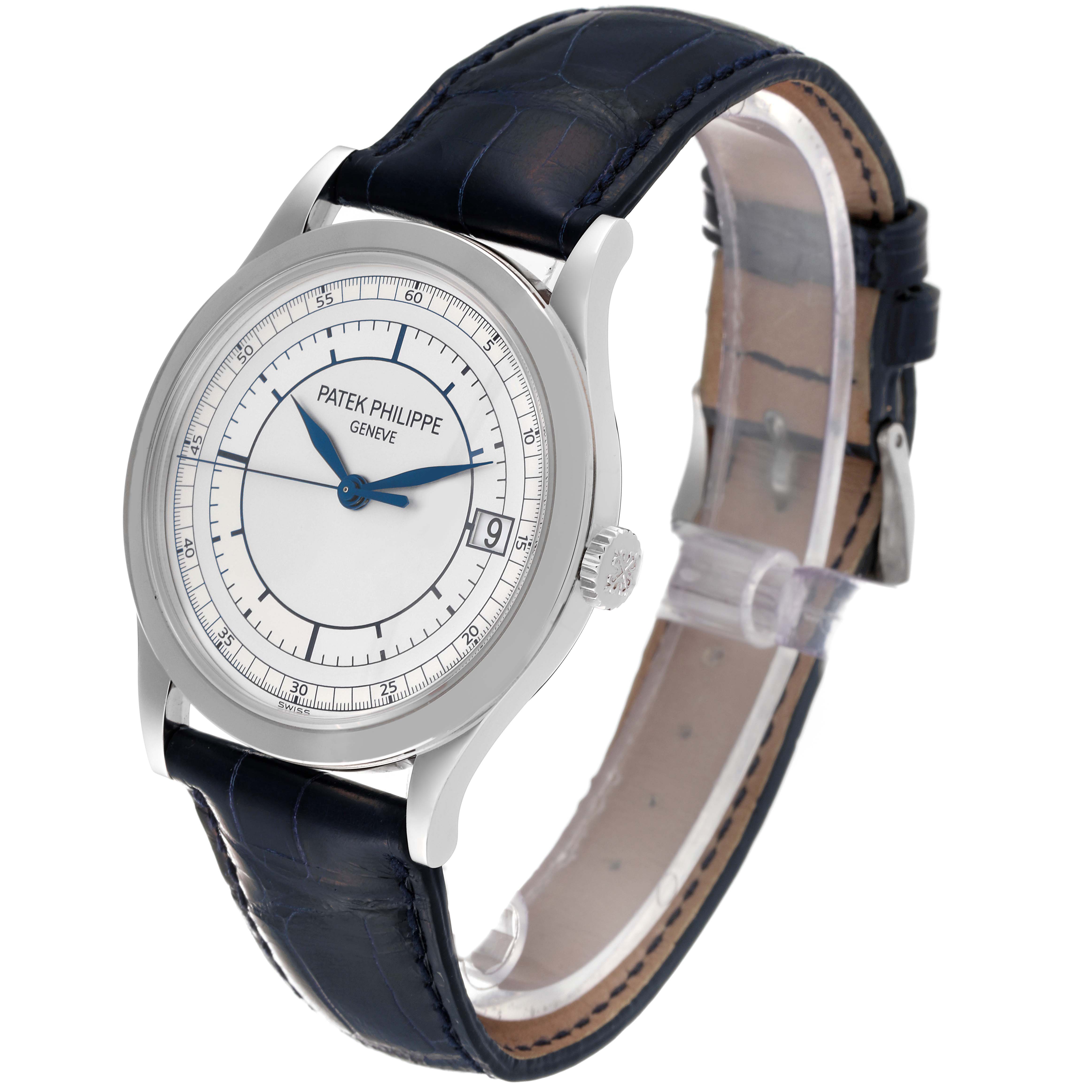 The image shows a Patek Philippe Calatrava 5296G Men
s White Gold Silver Dial 5296G Men
s White Gold Silver Dial watch at an angled front and right side view, highlighting the dial, bezel, crown, and strap.