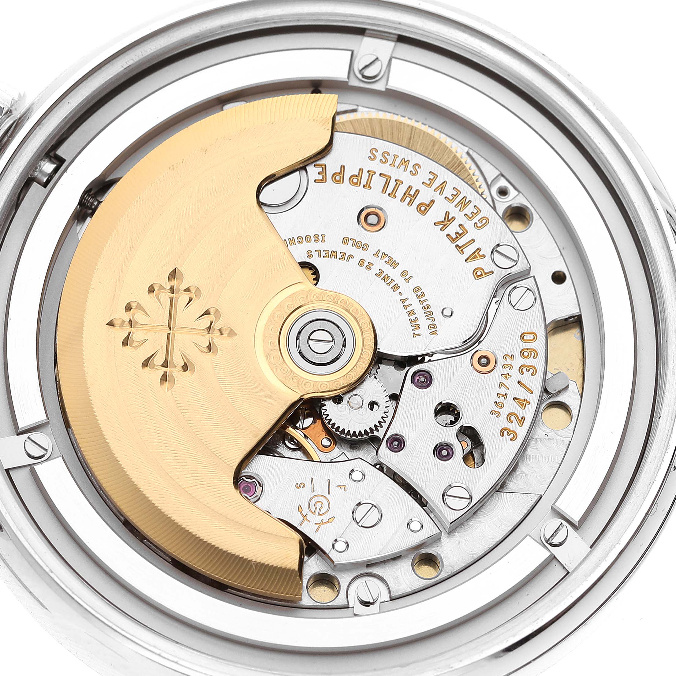 This image shows the movement and intricate inner workings of a Patek Philippe Calatrava 5296G Men
s White Gold Silver Dial 5296G Men
s White Gold Silver Dial watch.