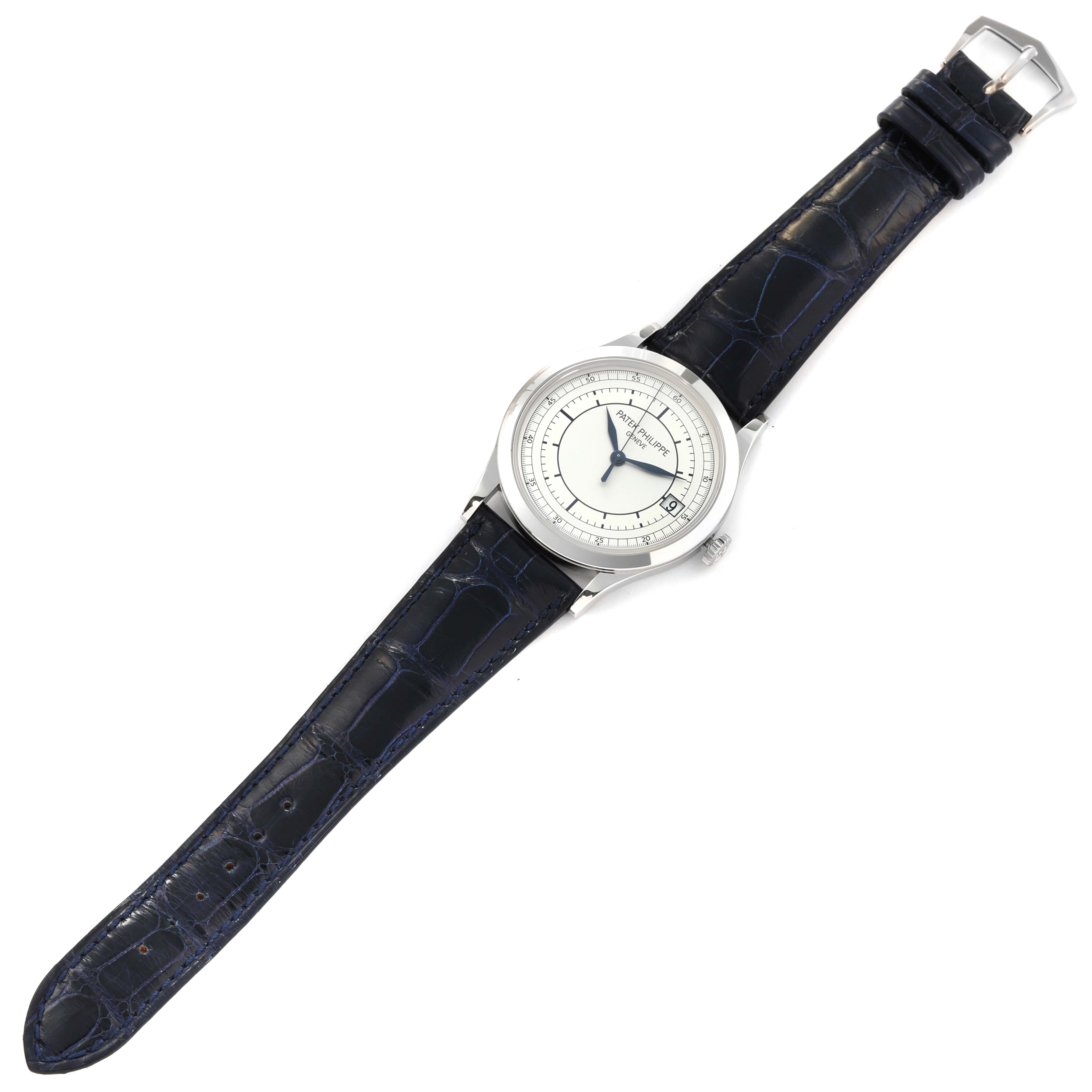 The image shows a top-down view of a Patek Philippe Calatrava 5296G Men
s White Gold Silver Dial 5296G Men
s White Gold Silver Dial watch, displaying its face, bezel, case, strap, and buckle.