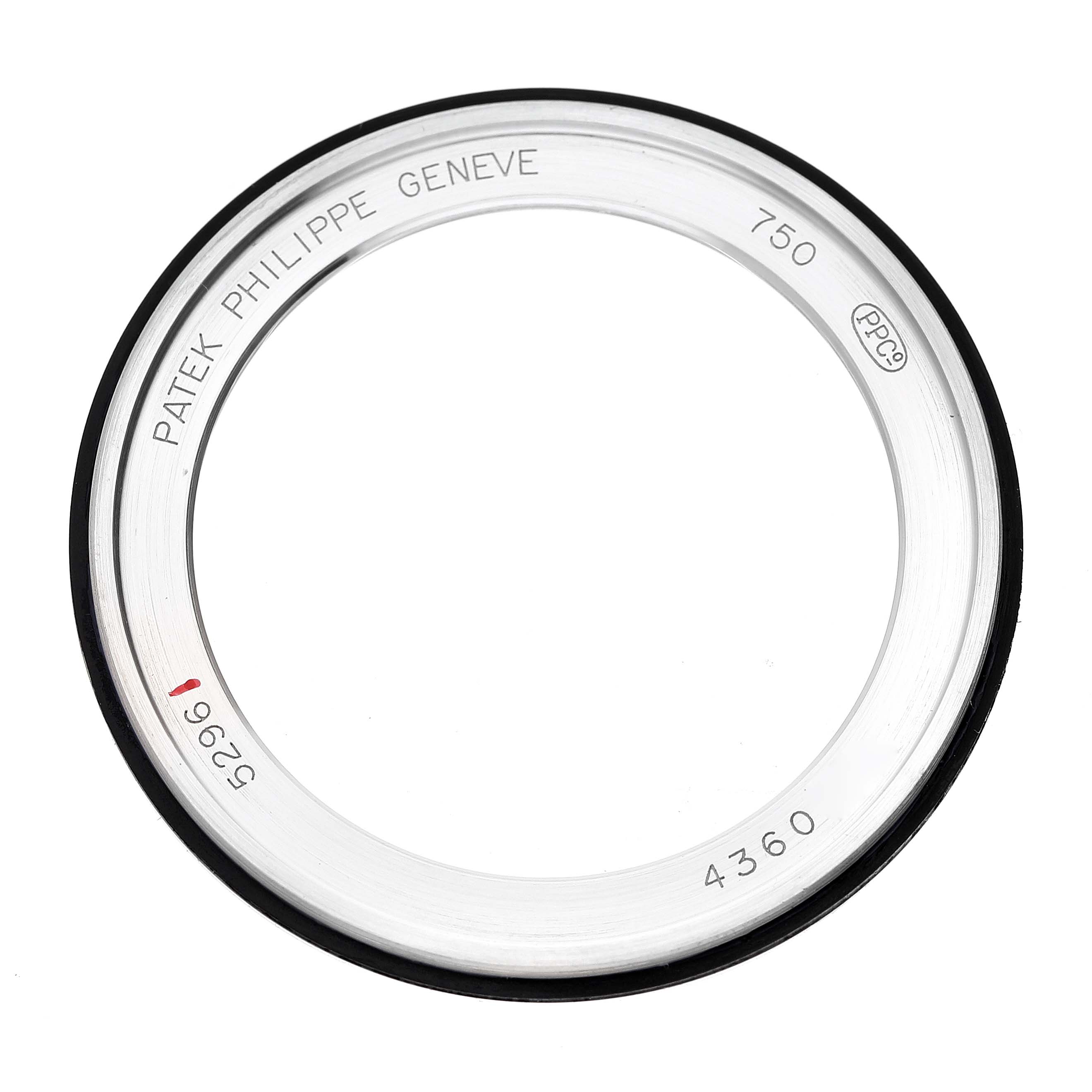 This image shows a close-up of a bezel ring from a Patek Philippe Calatrava 5296G Men
s White Gold Silver Dial 5296G Men
s White Gold Silver Dial watch.