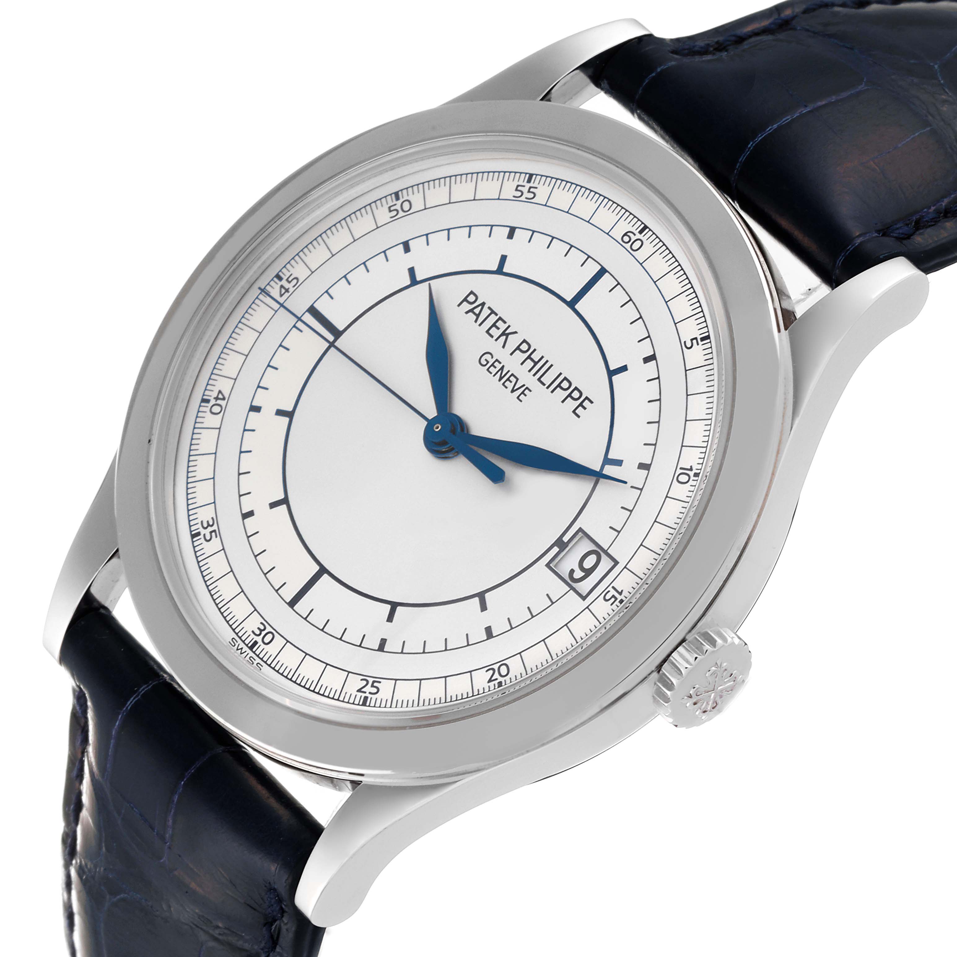 This image shows the Patek Philippe Calatrava 5296G Men
s White Gold Silver Dial 5296G Men
s White Gold Silver Dial watch at an angled top view, highlighting the dial, case, and part of the leather strap.