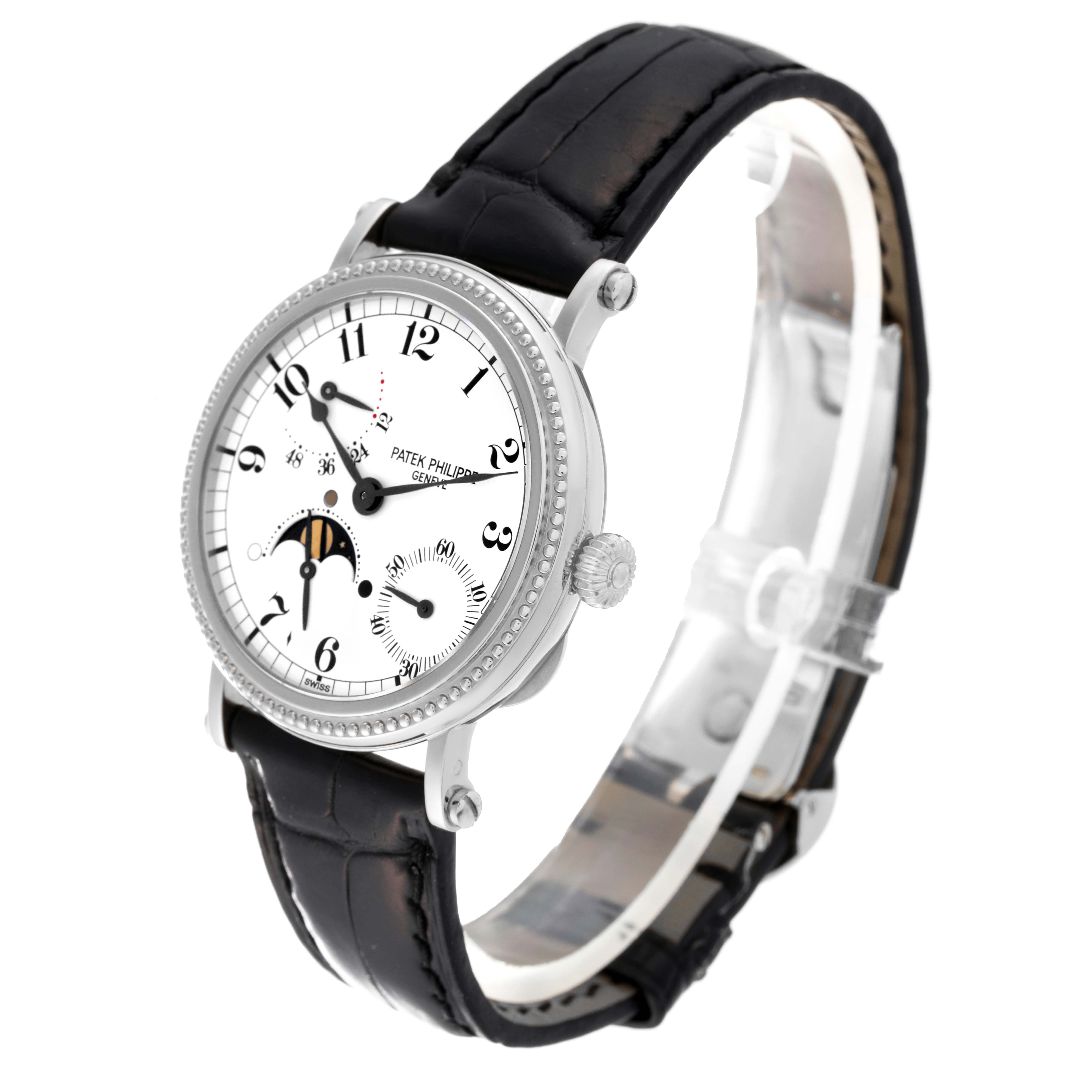 The Patek Philippe Complications 5015G-001 Men's White Gold White Dial 5015G-001 Men's White Gold White Dial model watch is shown at a three-quarter angle, displaying the face, bezel, crown, and strap.