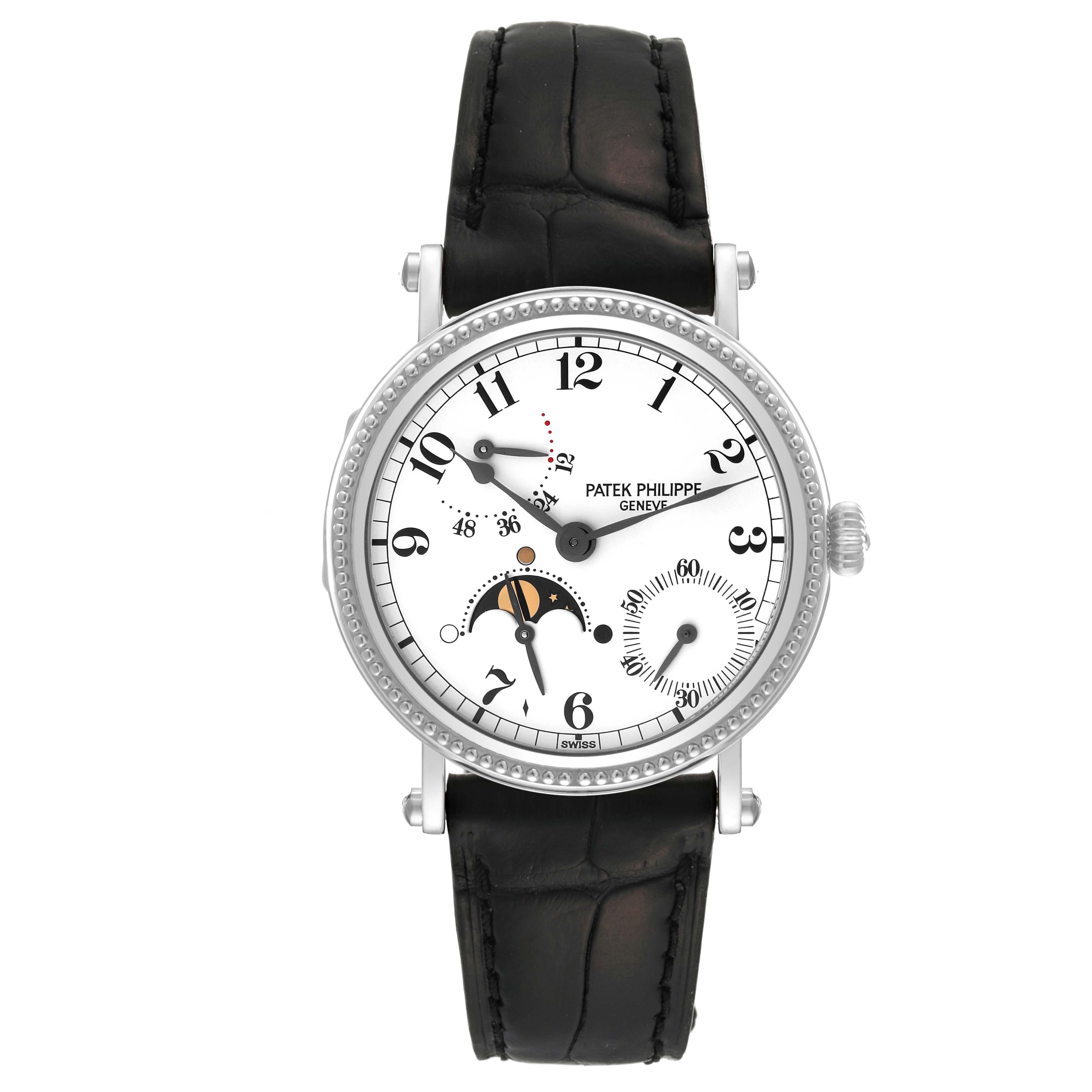 This image shows a front view of a Patek Philippe Complications 5015G-001 Men's White Gold White Dial 5015G-001 Men's White Gold White Dial model watch, including the face, dial, and strap.