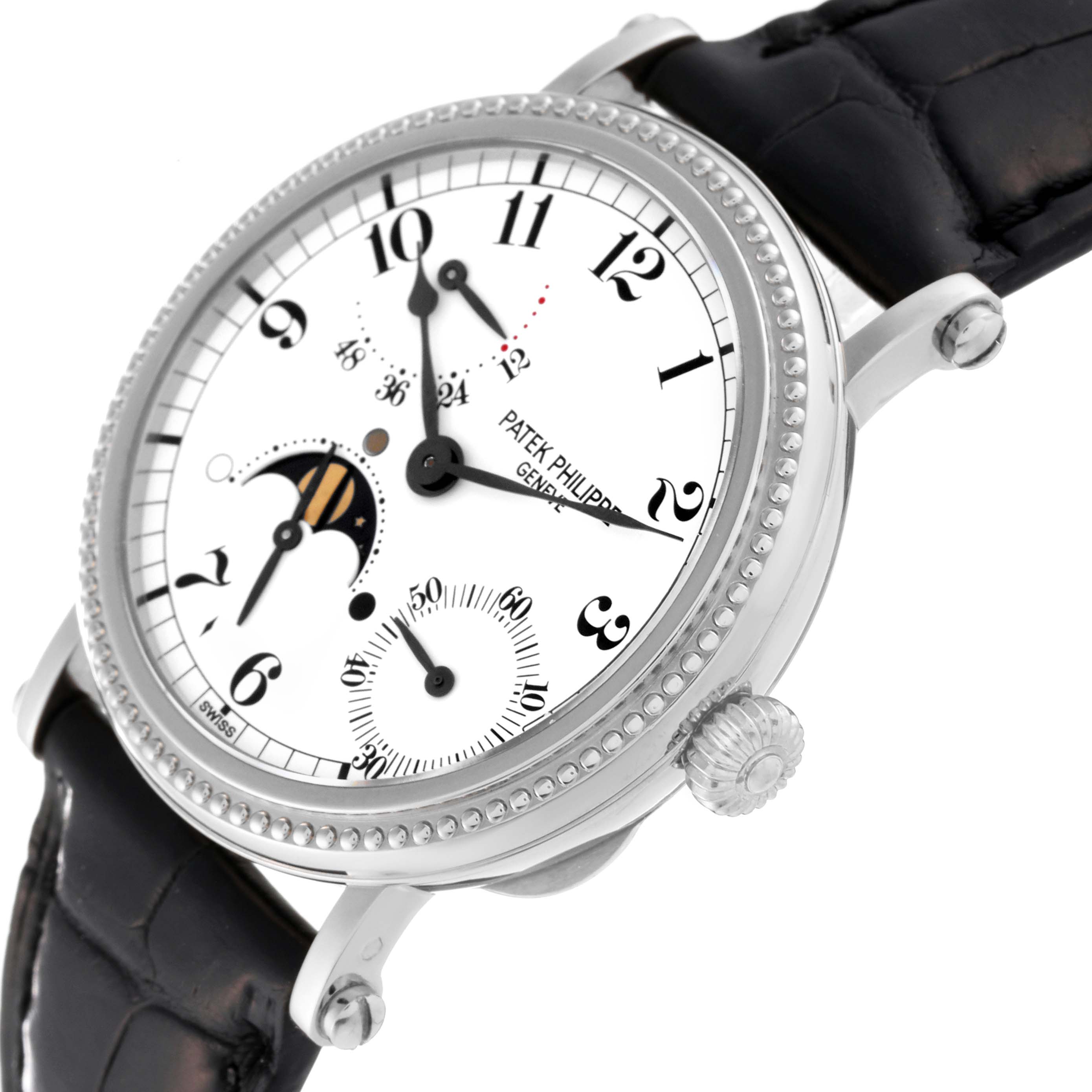 The image shows a Patek Philippe Complications 5015G-001 Men's White Gold White Dial 5015G-001 Men's White Gold White Dial model watch at a three-quarter angle, highlighting the face, bezel, and crown.