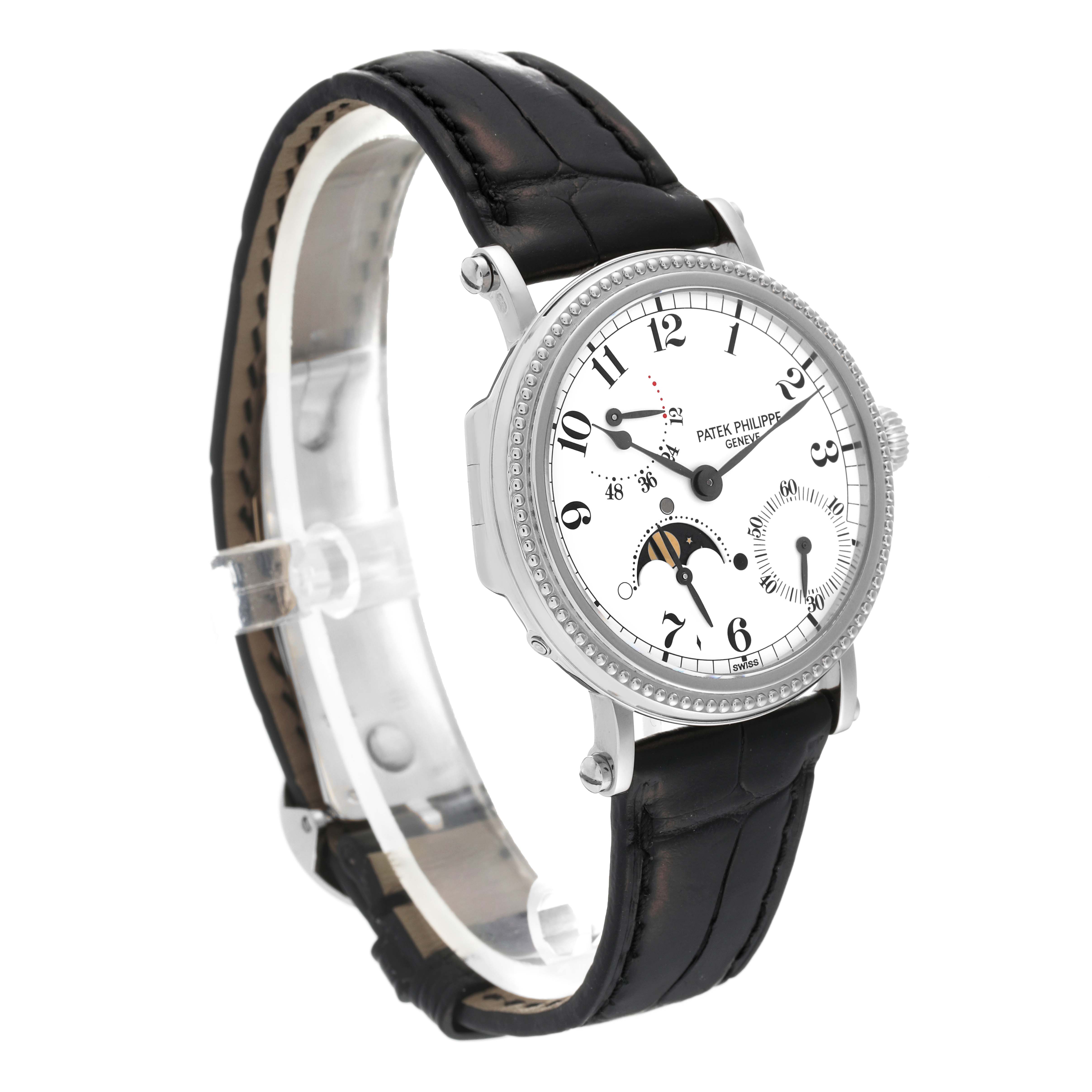 This is a Patek Philippe Complications 5015G-001 Men's White Gold White Dial 5015G-001 Men's White Gold White Dial watch photographed at a slight right angle, showing the face, crown, and black leather strap.