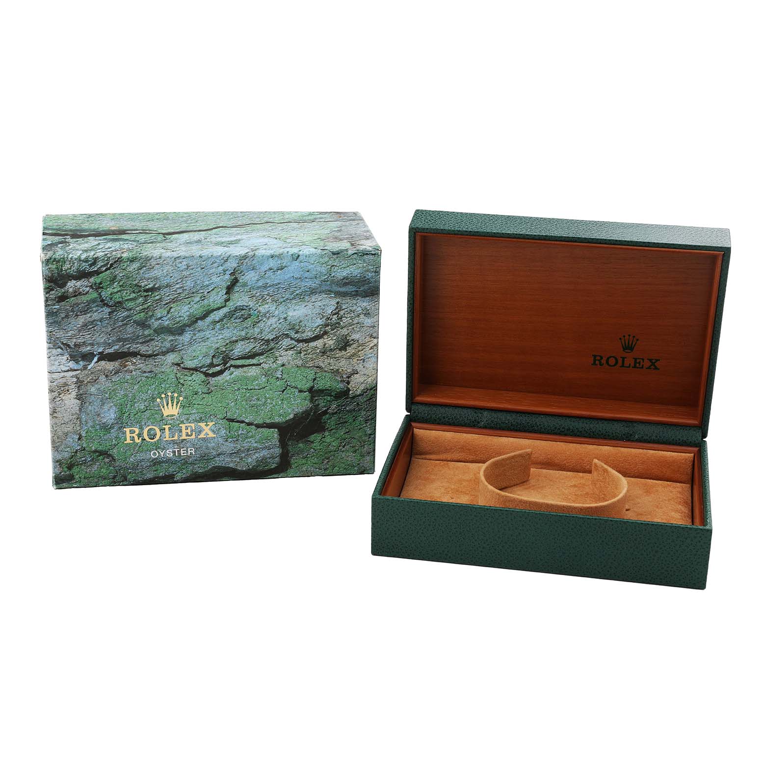 The image shows an open green Rolex box and its outer box for the Air-King model.