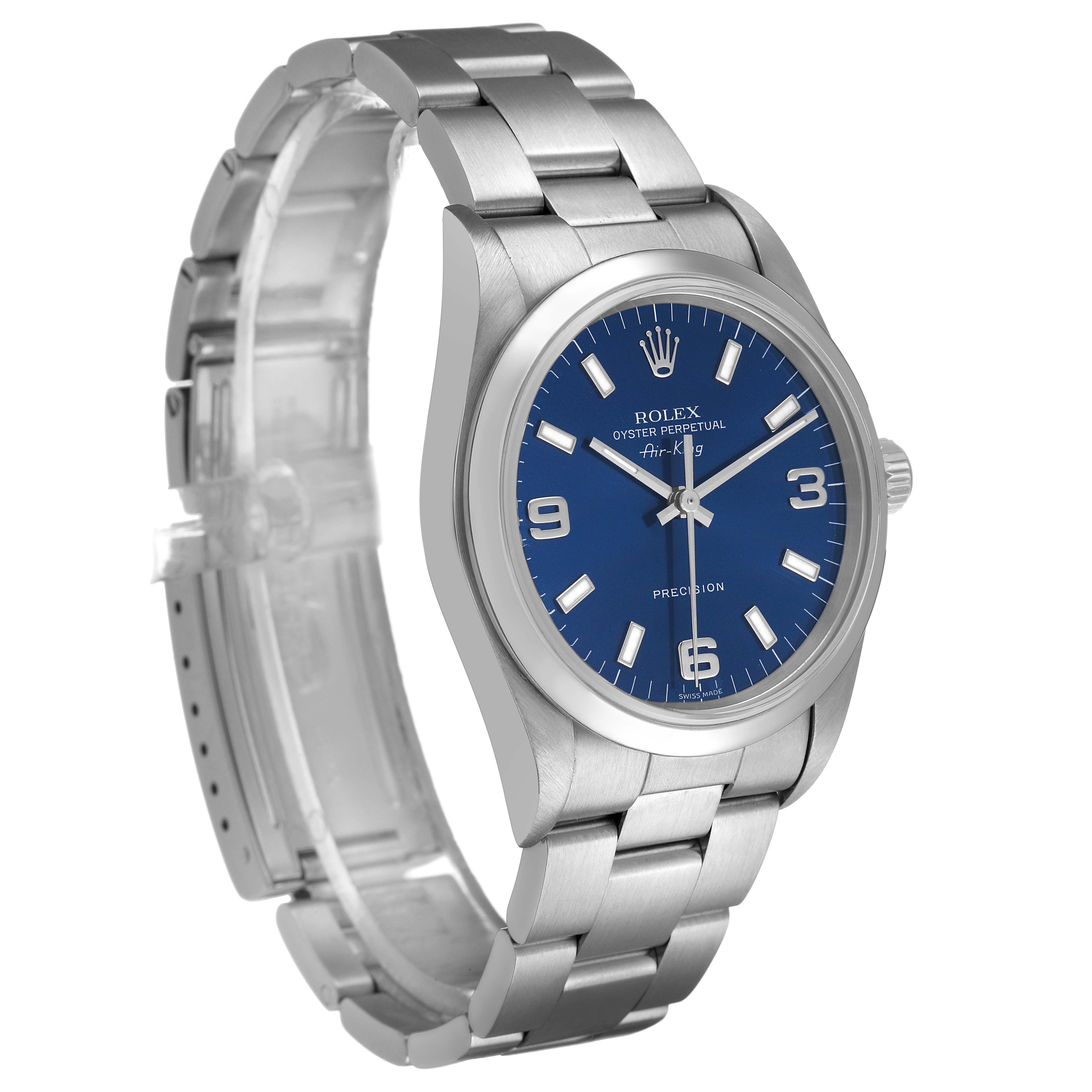 The Rolex Air-King 14000 Men's Stainless Steel Blue Dial watch is shown at a three-quarter angle, highlighting the face, bezel, bracelet, and crown.