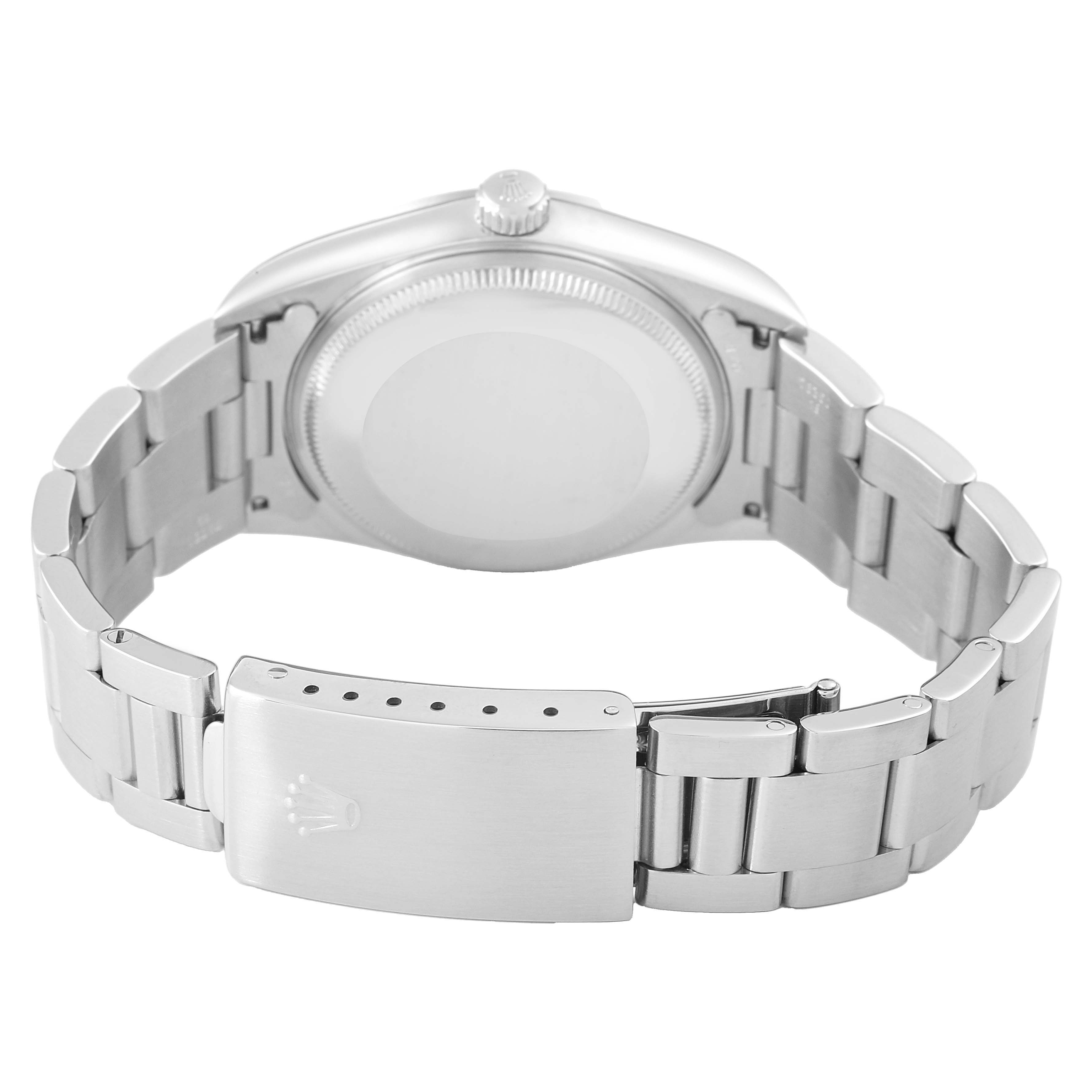 The Rolex Air-King 14000 Men's Stainless Steel Blue Dial watch is shown from the back, showcasing its clasp, bracelet, and case back.