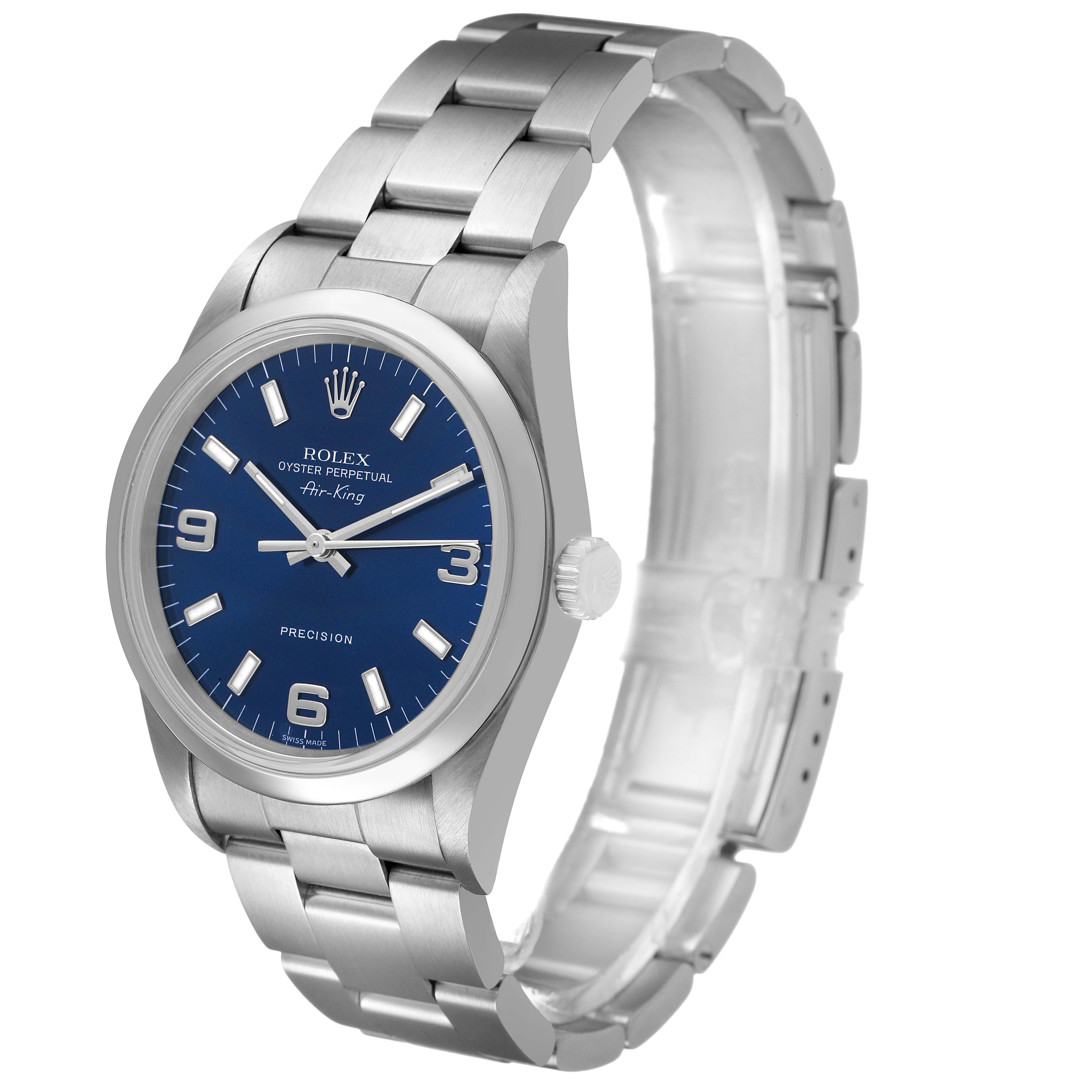 The Rolex Air-King 14000 Men's Stainless Steel Blue Dial watch is shown at a slight angle, highlighting the blue dial, stainless steel case, and bracelet.